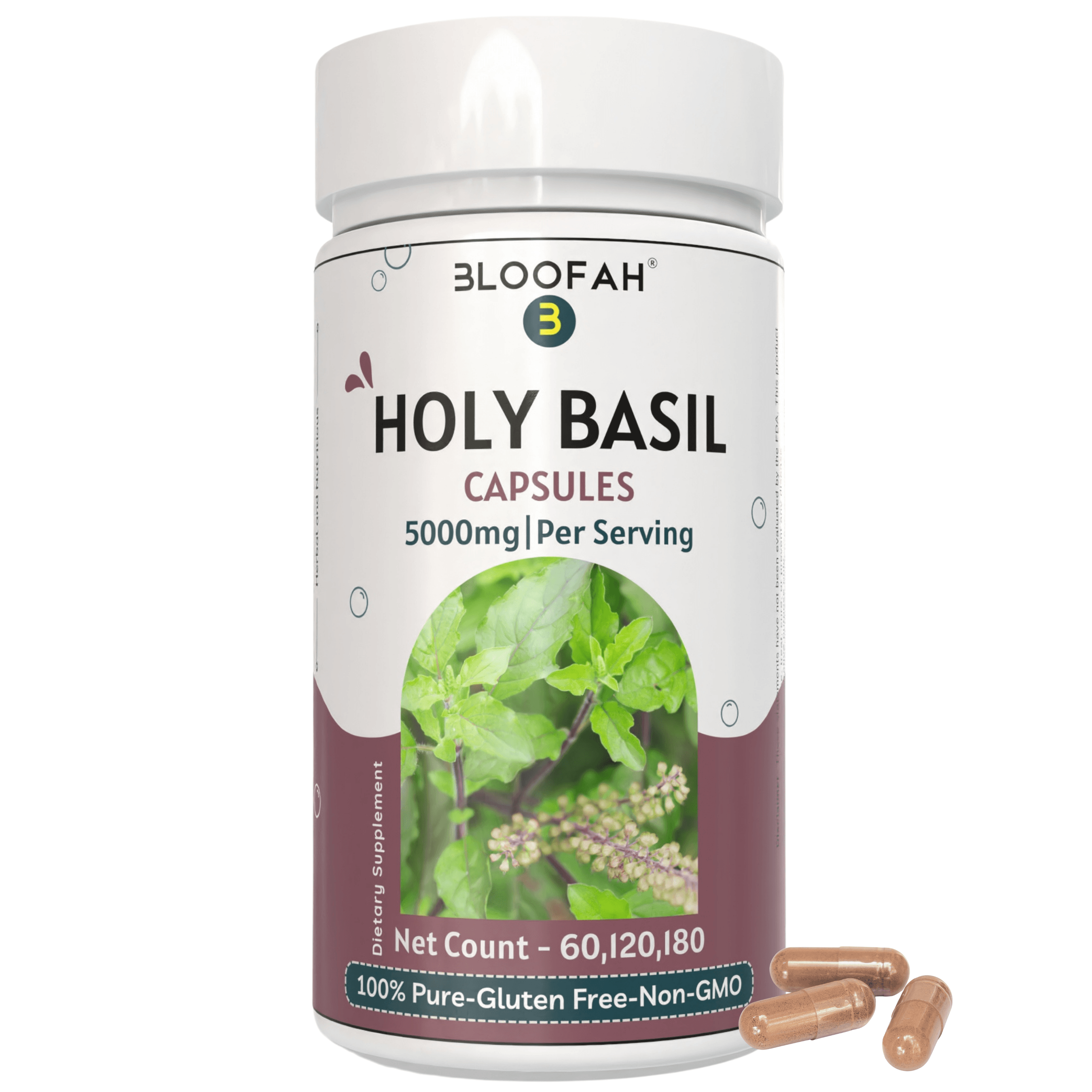 Bloofah Holy Basil Leaf Capsules 5000mg - | Tulsi (Ocimum tenuiflorum) Extract 10:1 Leaf Powder | 100% Pure Natural Herbal Supplement | Non-GMO, Gluten Free Formula - Bloofah