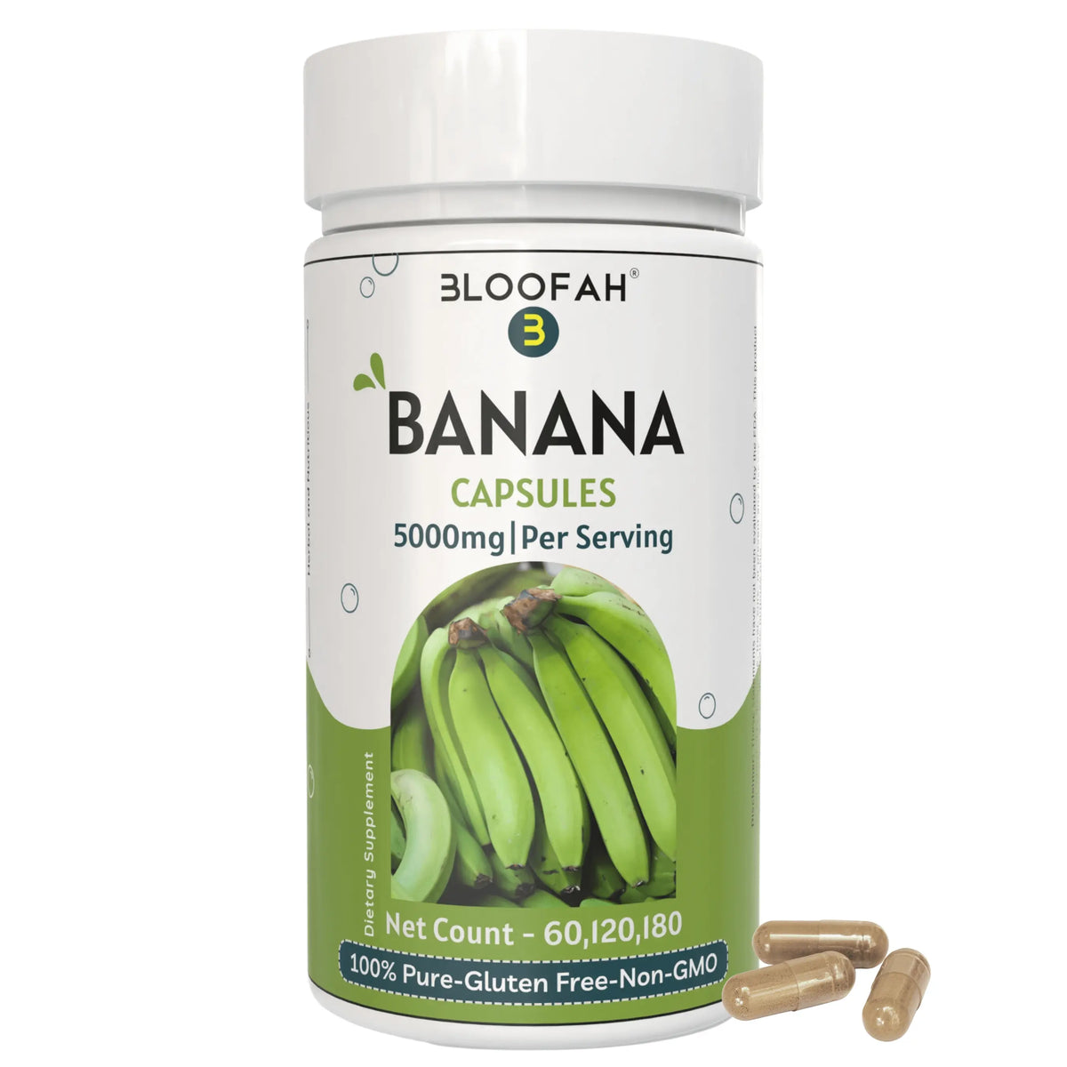 Bloofah Banana Capsules 500mg | 100% Pure Dried Banana Fruit Extract (Musa sp.) Powder Per Serving 5000mg | Gluten Free Natural Herbal Supplement Rich in Potassium - Bloofah