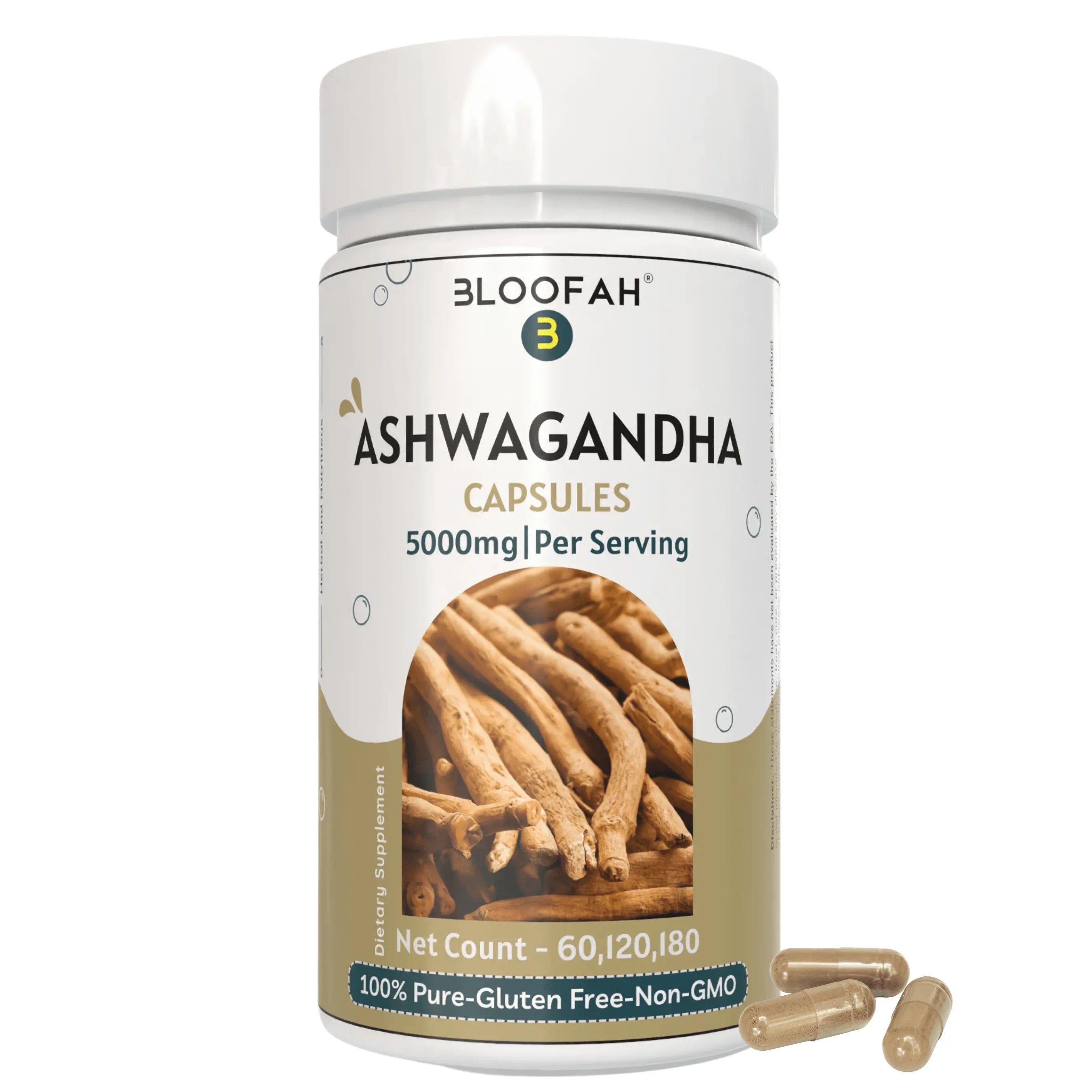 Bloofah Ashwagandha Capsules 5000mg - (Withania somnifera) 10:1 Extract Powder, 100% Natural & Pure, Non-GMO, Gluten-Free, Extra Strength Herbal Suppleemnt for Men & Women - Bloofah