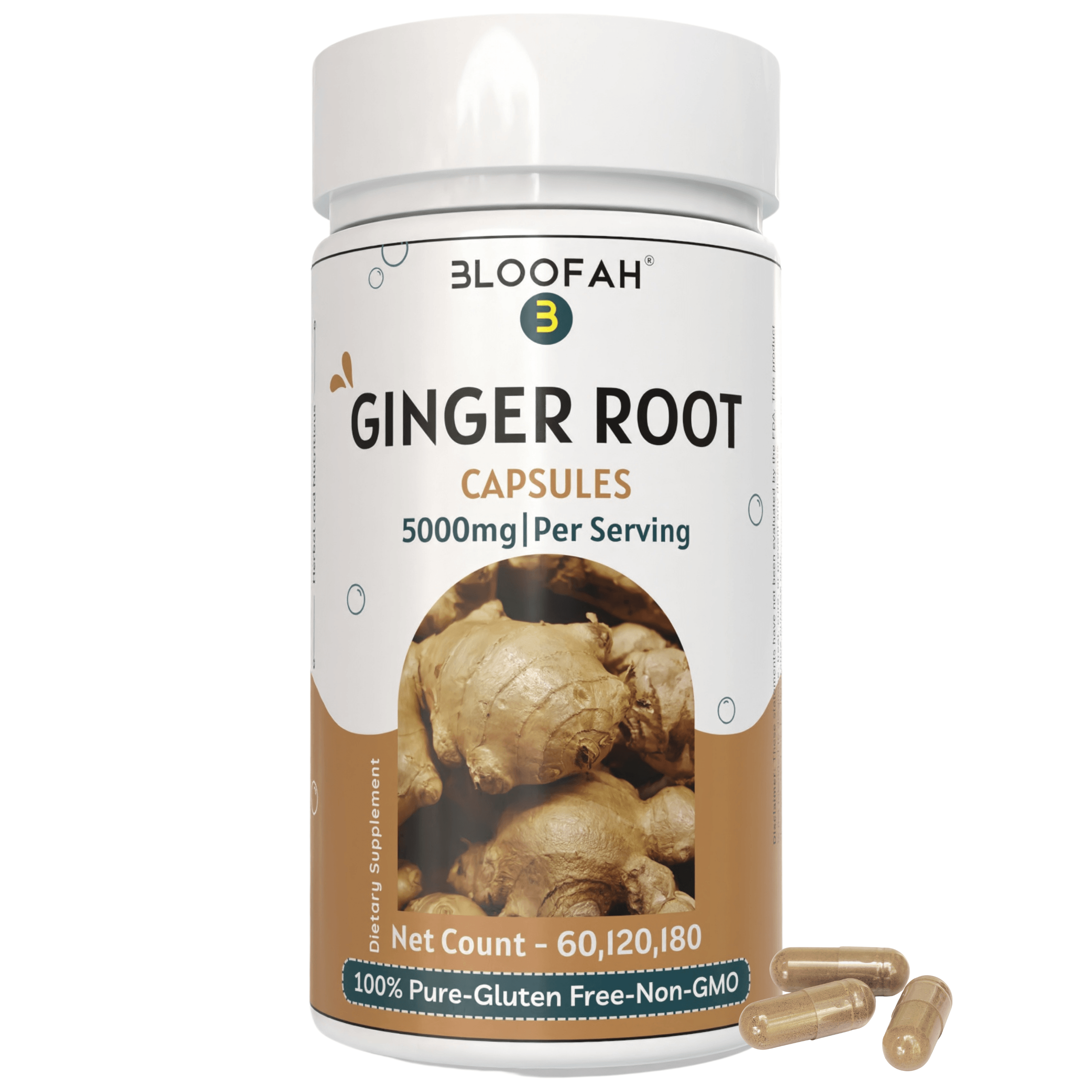 Bloofah Ginger Root Capsules 500mg | Non-GMO, Gluten Free Formula | 100% Pure Ginger (Zingiber officinale) Root Extract 10:1 Powder Herbal Supplement for Overall Health - Bloofah