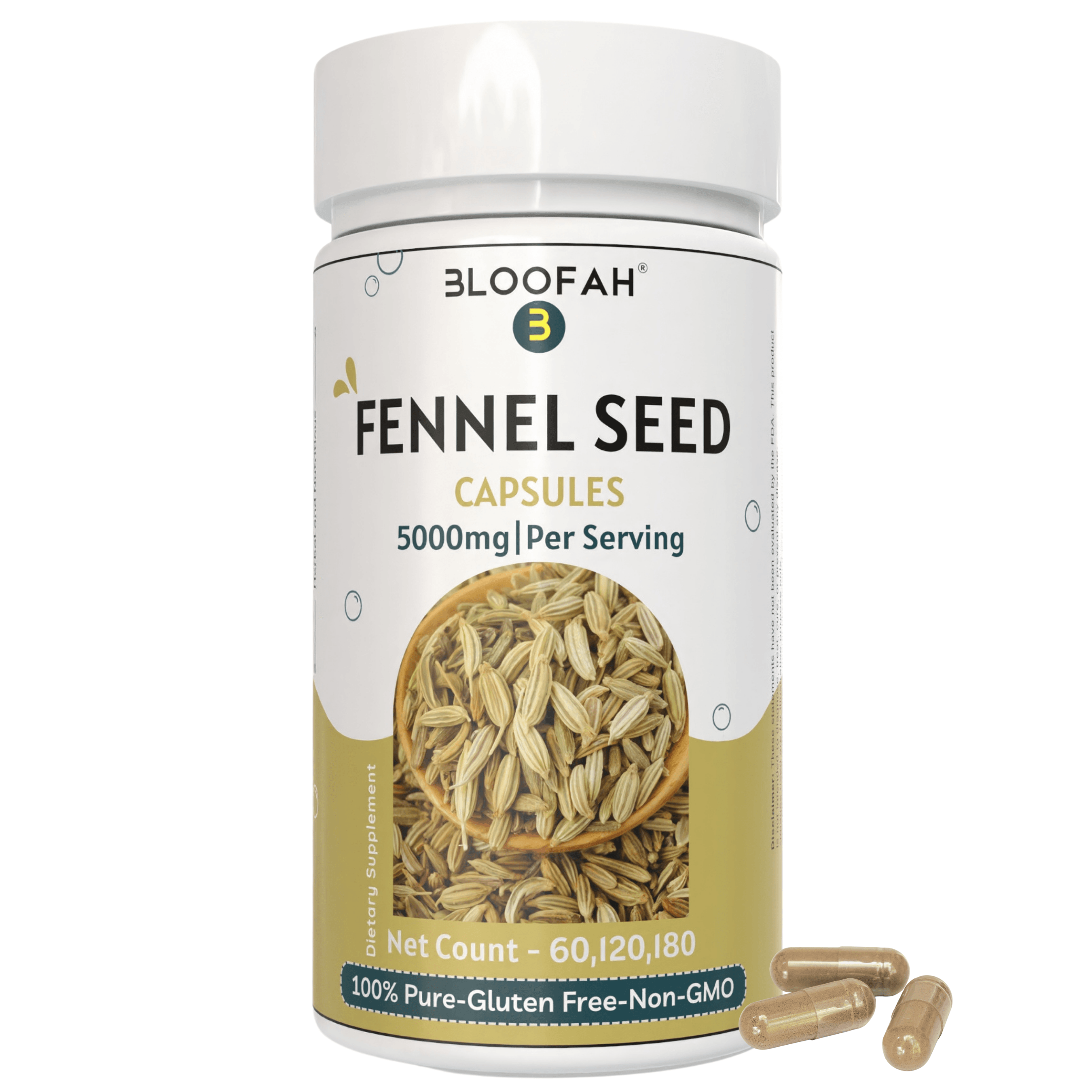 Bloofah Fennel Seed Capsules 5000mg | 100% Pure Fennel Seed Extract 10:1 (Foeniculum vulgare) Powder | Non-GMO, Gluten Free Formula for Overall Health Supplement - Bloofah