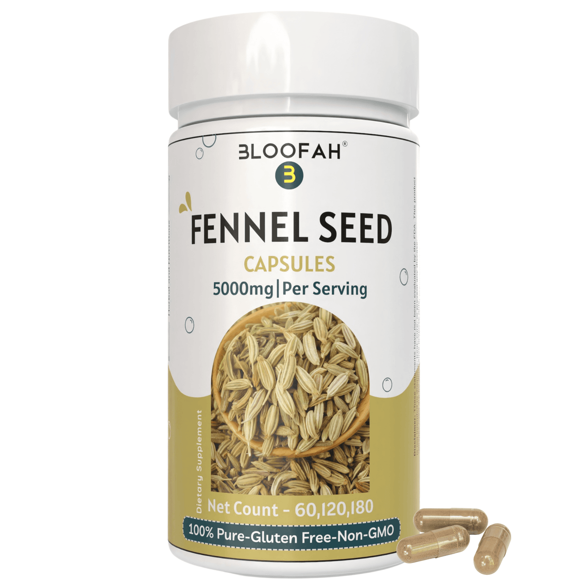 Bloofah Fennel Seed Capsules 5000mg | 100% Pure Fennel Seed Extract 10:1 (Foeniculum vulgare) Powder | Non-GMO, Gluten Free Formula for Overall Health Supplement - Bloofah