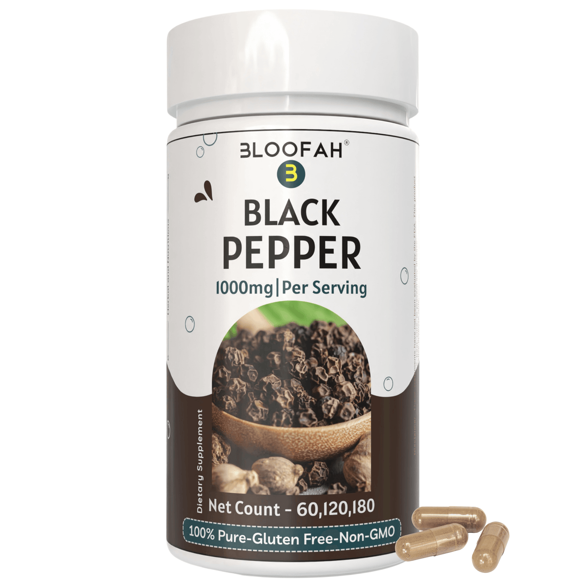 Bloofah Black Pepper Capsules 1000mg | Natural Bioperine (Piper nigrum) Seed Powder | 100% Pure, Non-GMO, Gluten Free Formula | Herbal Supplement - Bloofah