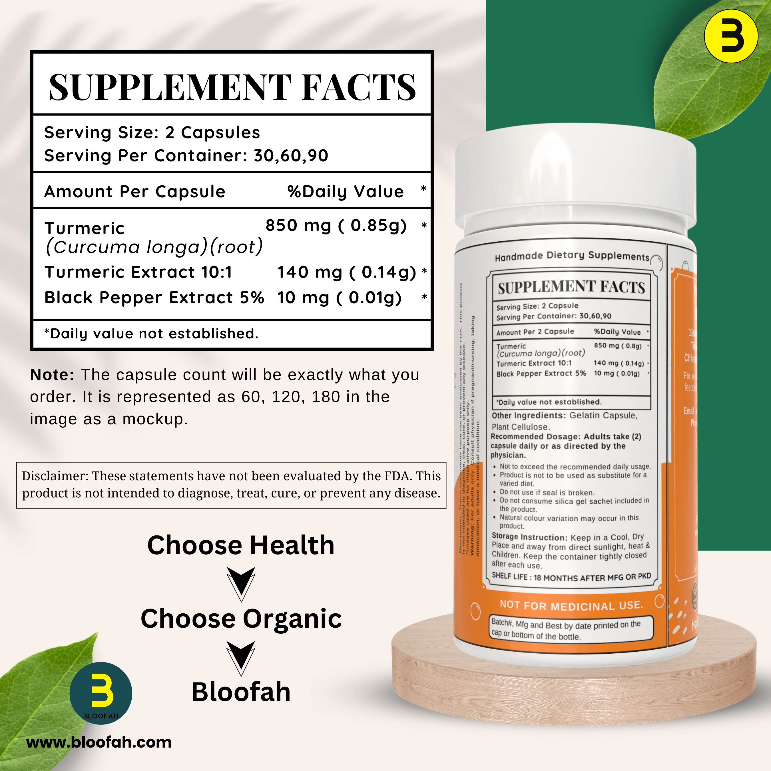 Bloofah Turmeric Curcumin Capsules 1000mg | Turmeric Powder (Cucurma Longa) Extract 10:1, Black Pepper 5% | 100% Pure, Natural, Gluten Free Formula Herbal Supplements for Overall Wellness - Non-GMO - Bloofah