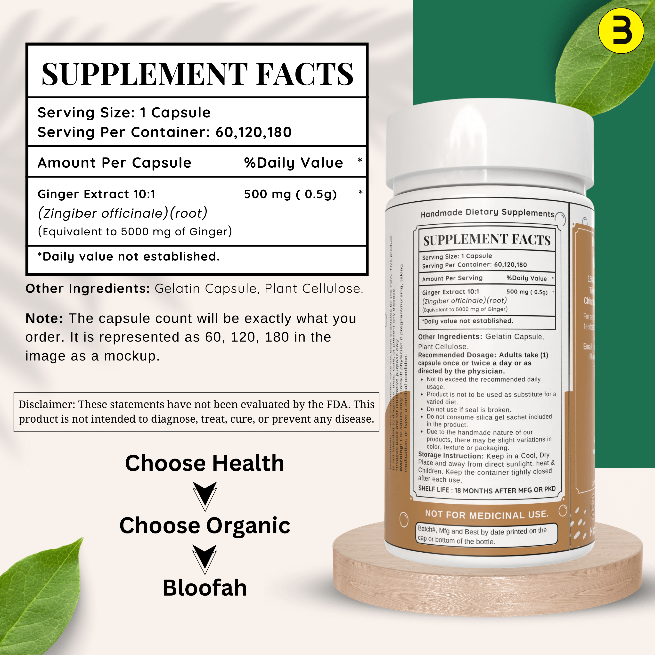 Bloofah Ginger Root Capsules 500mg | Non-GMO, Gluten Free Formula | 100% Pure Ginger (Zingiber officinale) Root Extract 10:1 Powder Herbal Supplement for Overall Health - Bloofah