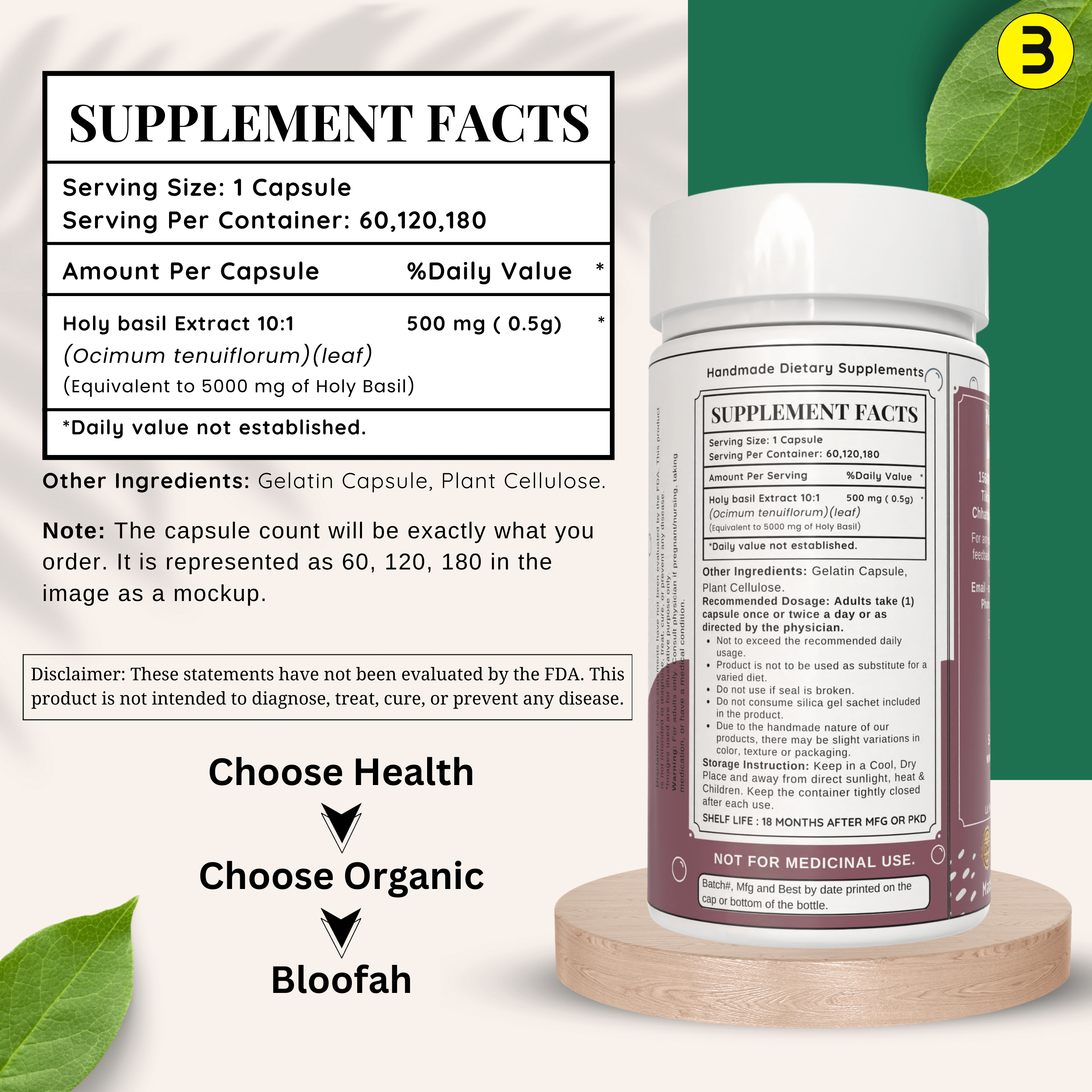 Bloofah Holy Basil Leaf Capsules 5000mg - | Tulsi (Ocimum tenuiflorum) Extract 10:1 Leaf Powder | 100% Pure Natural Herbal Supplement | Non-GMO, Gluten Free Formula - Bloofah