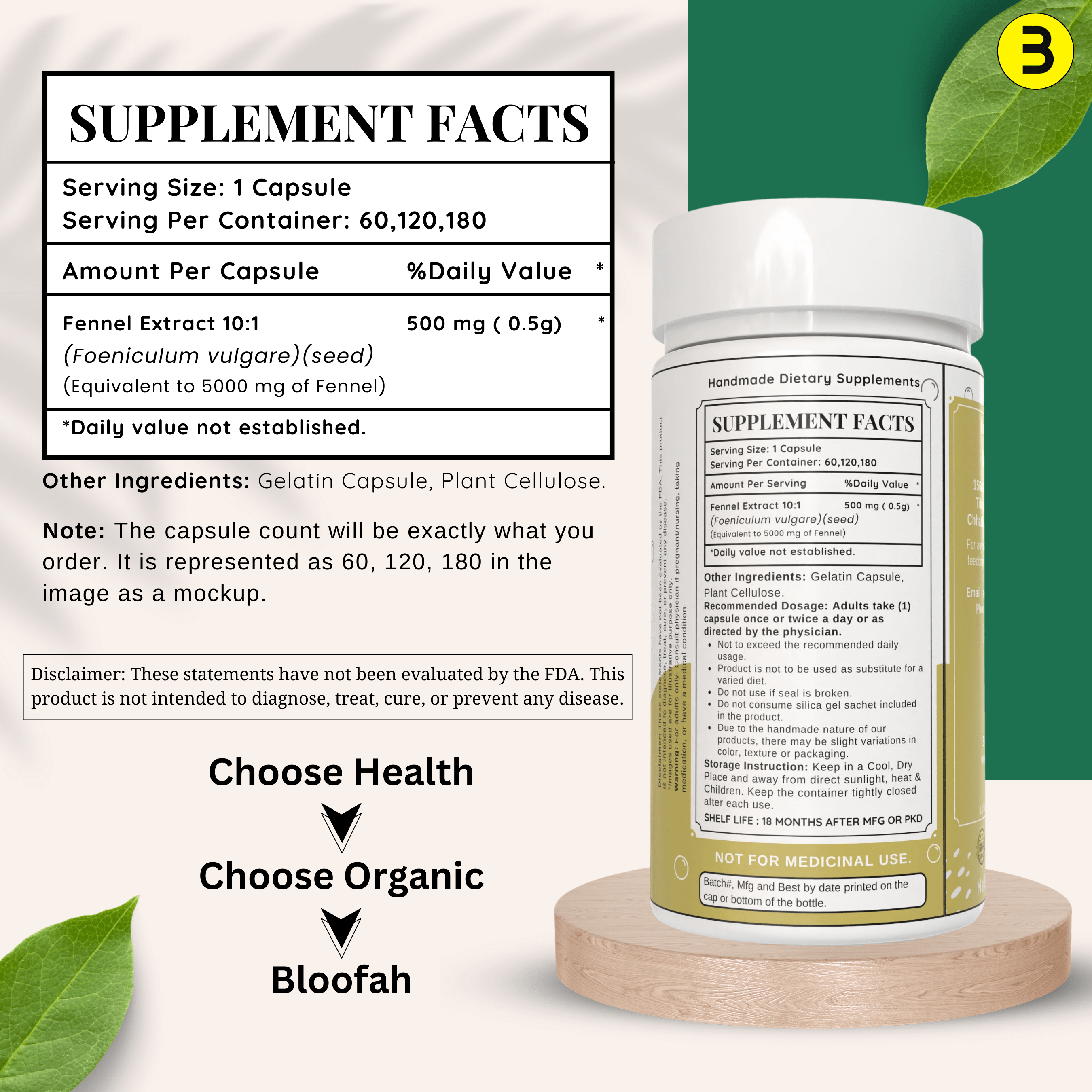 Bloofah Fennel Seed Capsules 5000mg | 100% Pure Fennel Seed Extract 10:1 (Foeniculum vulgare) Powder | Non-GMO, Gluten Free Formula for Overall Health Supplement - Bloofah