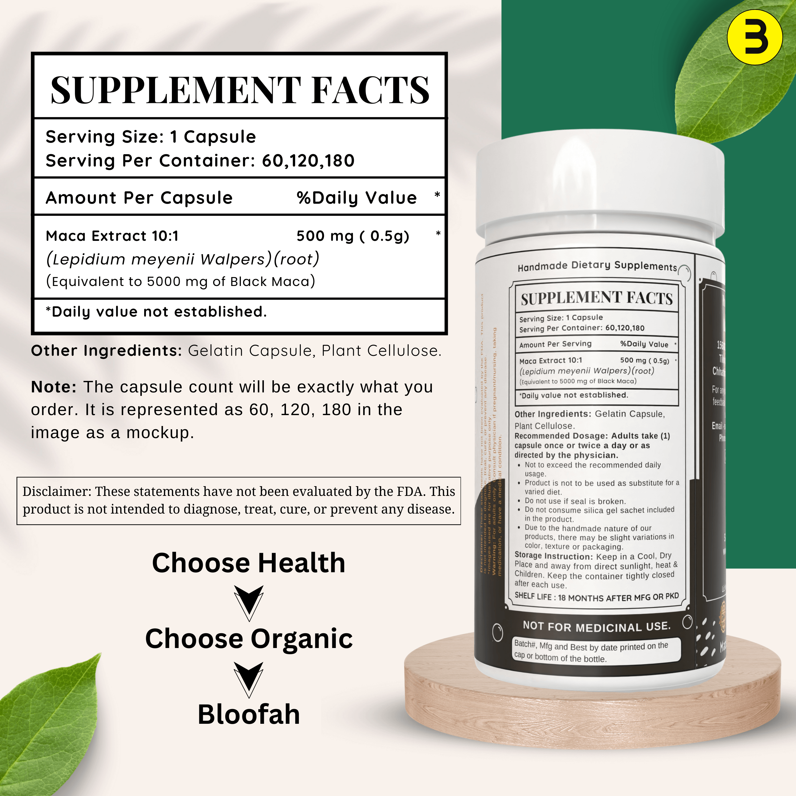 Bloofah Black Maca Capsules 500mg | Natural Black Maca (Lepidium meyenii Walpers) Root Extract 10:1 Powder | 100% Natural Herbal Supplement | Non-GMO, Gluten Free - Bloofah