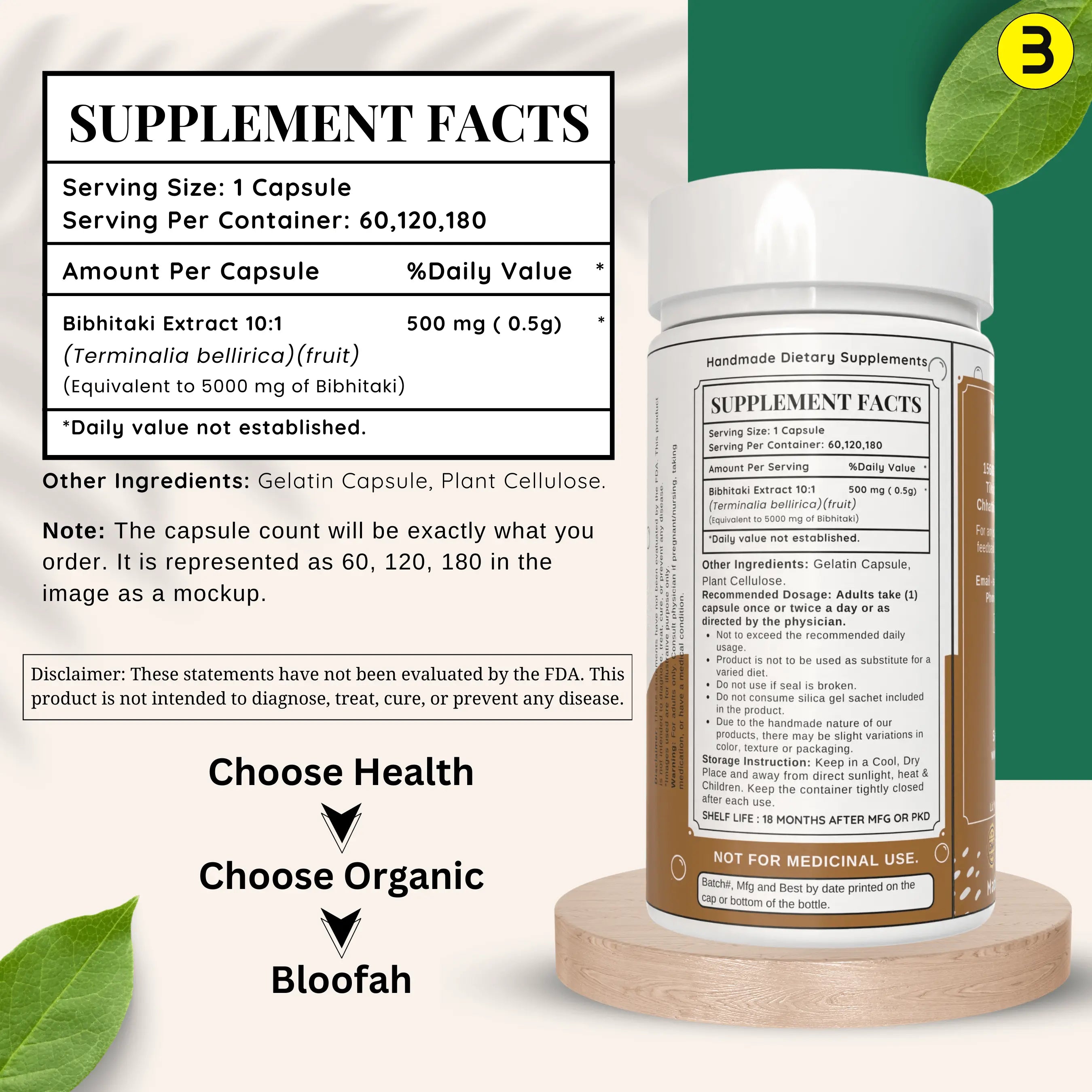 Bloofah Bibhitaki Capsules 500mg | 100% Natural Bibhitaki (Terminalia bellirica) Fruit Powder Extract 10:1 Per Serving 5000mg | Gluten Free & Non-GMO Formula for Overall Health Wellness - Bloofah