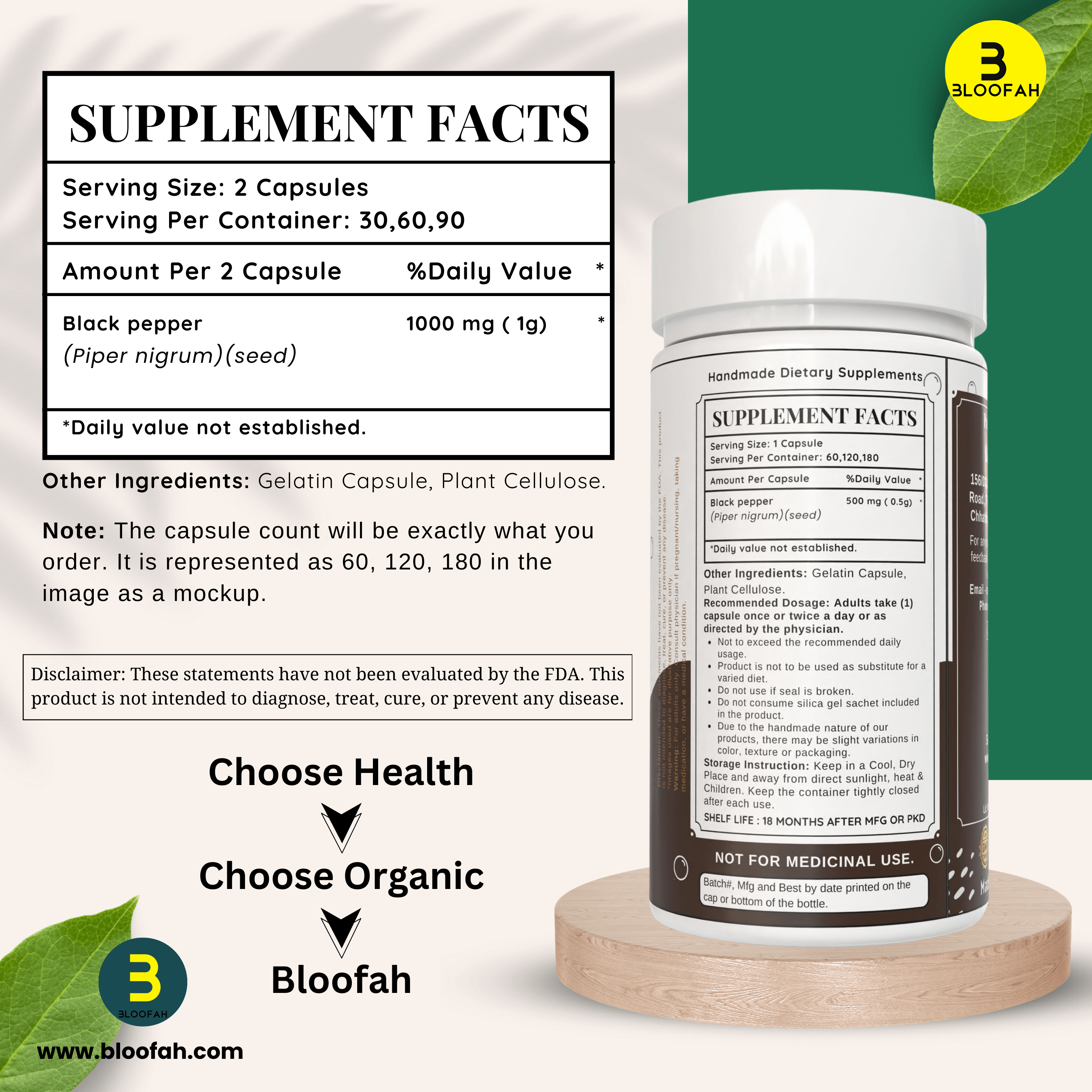 Bloofah Black Pepper Capsules 1000mg | Natural Bioperine (Piper nigrum) Seed Powder | 100% Pure, Non-GMO, Gluten Free Formula | Herbal Supplement - Bloofah