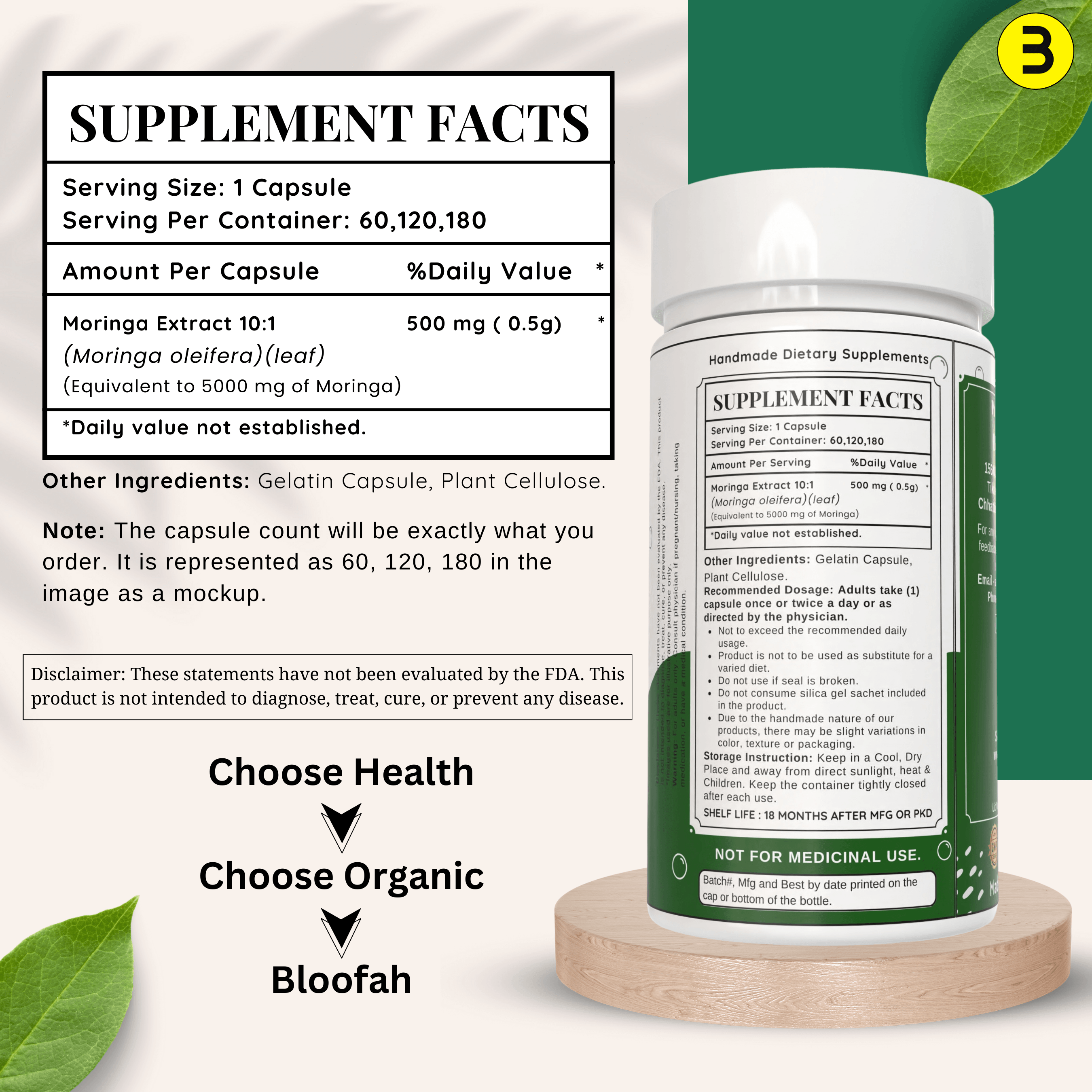 Bloofah Moringa Capsules 5000mg | Natural Superfood Supplement for Vitality | 100% Pure Moringa Oleifera Leaf Extract 10:1 Powder | Nutrient-Rich Vegetarian Green Superfood - Bloofah