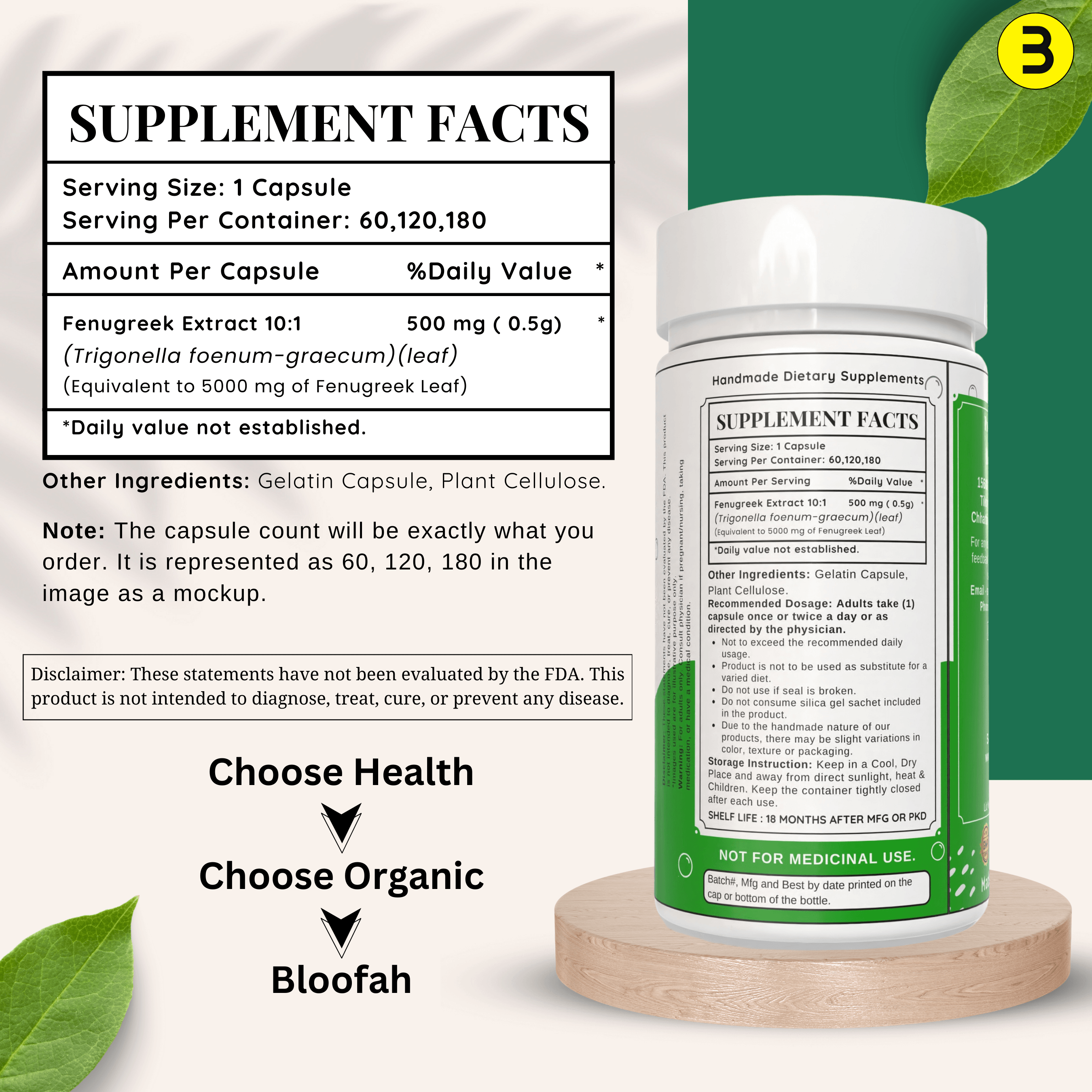 Bloofah Fenugreek Leaf Extract Capsules 500mg | 100% Pure Fenugreek Leaf Powder (Trigonella foenum-graecum) for Overall Good Health | Extra Strength 5000mg Per Serving - Bloofah