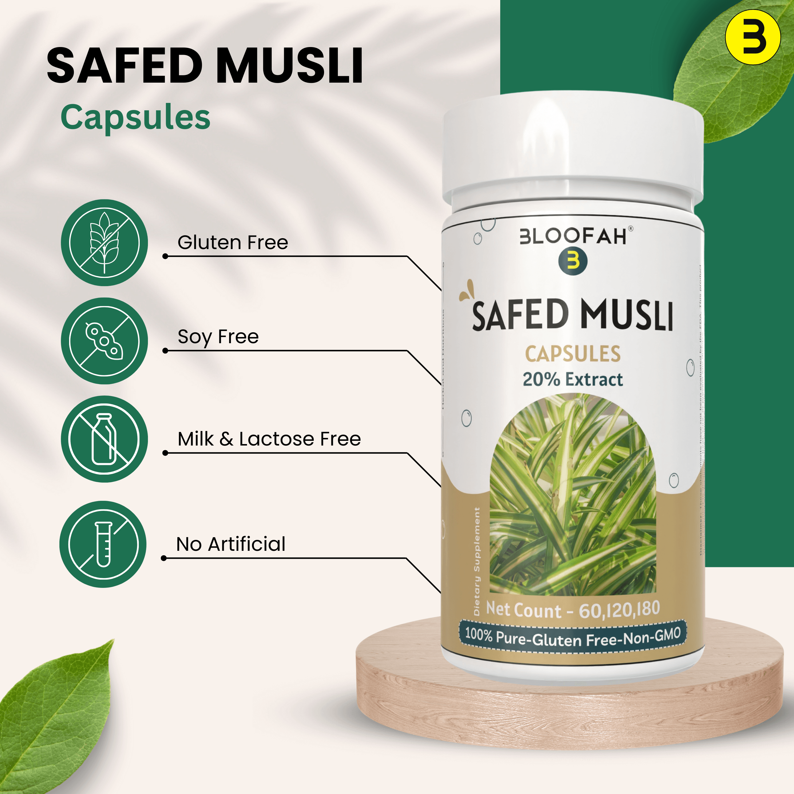 Bloofah Safed Musli Capsules 500mg | Non-GMO, Gluten Free, Natural Herbal Supplements | 100% Pure, Organic Safed Musli Extract 20% (Chlorophytum borivilianum) Powder Extra Strength - Bloofah