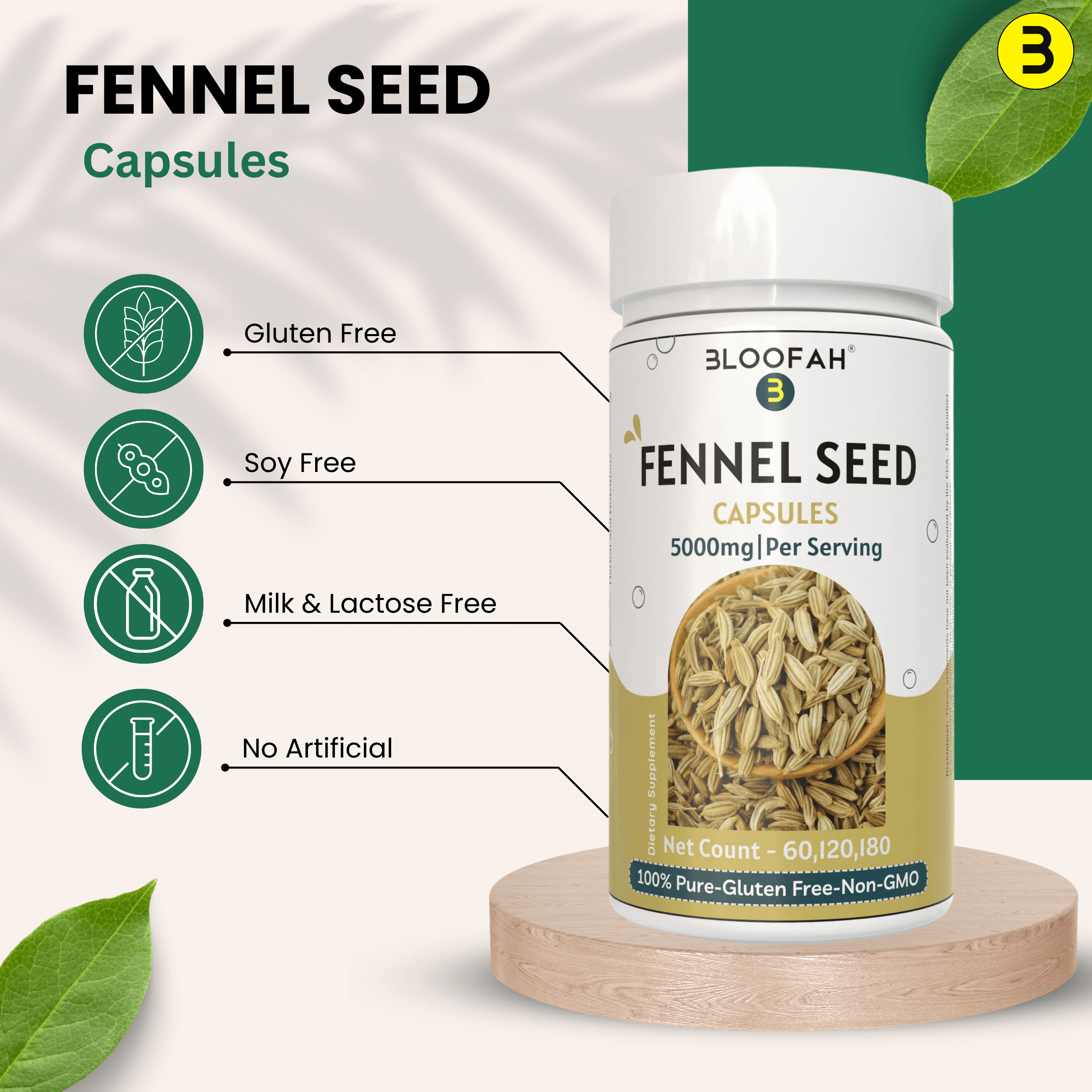 Bloofah Fennel Seed Capsules 5000mg | 100% Pure Fennel Seed Extract 10:1 (Foeniculum vulgare) Powder | Non-GMO, Gluten Free Formula for Overall Health Supplement - Bloofah