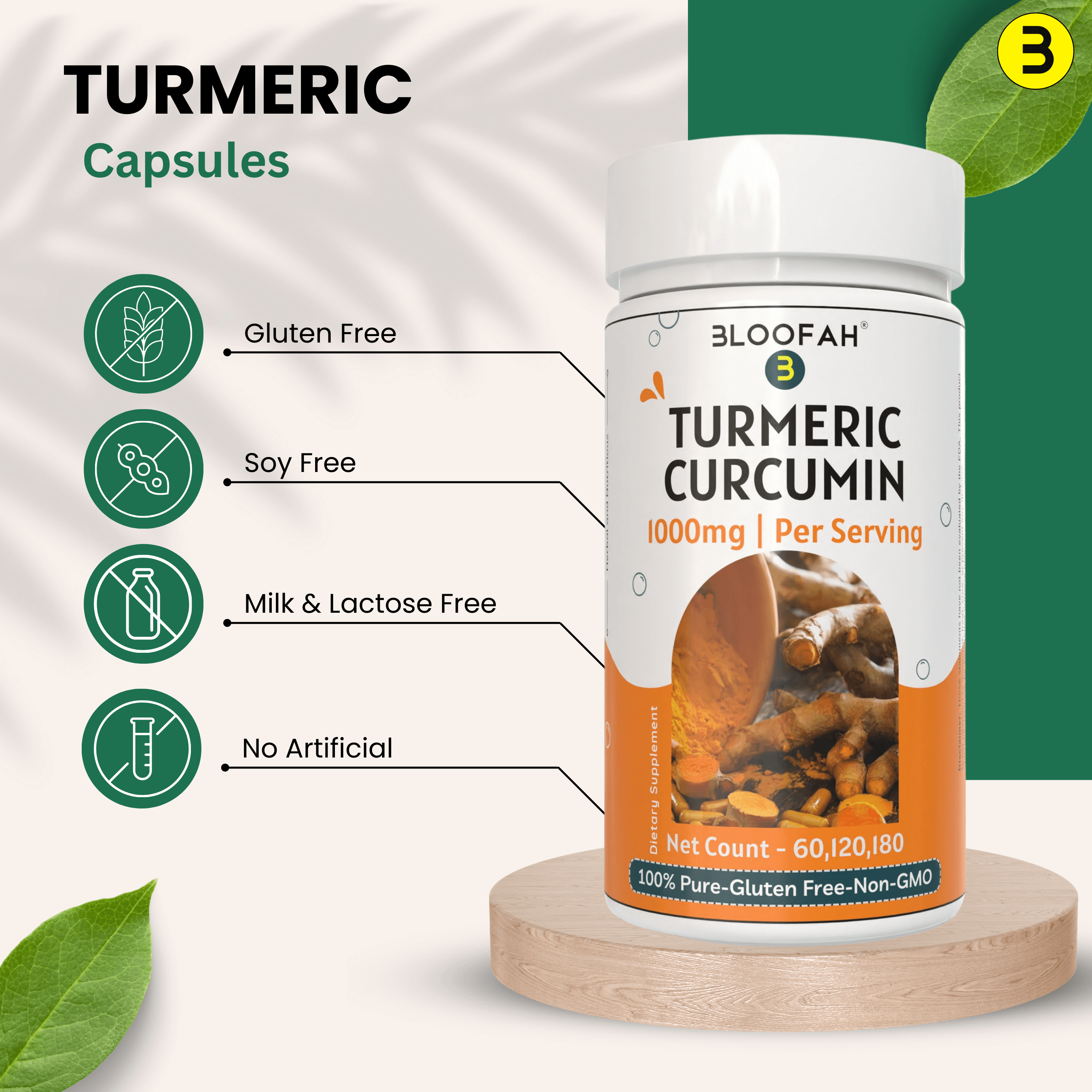 Bloofah Turmeric Curcumin Capsules 1000mg | Turmeric Powder (Cucurma Longa) Extract 10:1, Black Pepper 5% | 100% Pure, Natural, Gluten Free Formula Herbal Supplements for Overall Wellness - Non-GMO - Bloofah