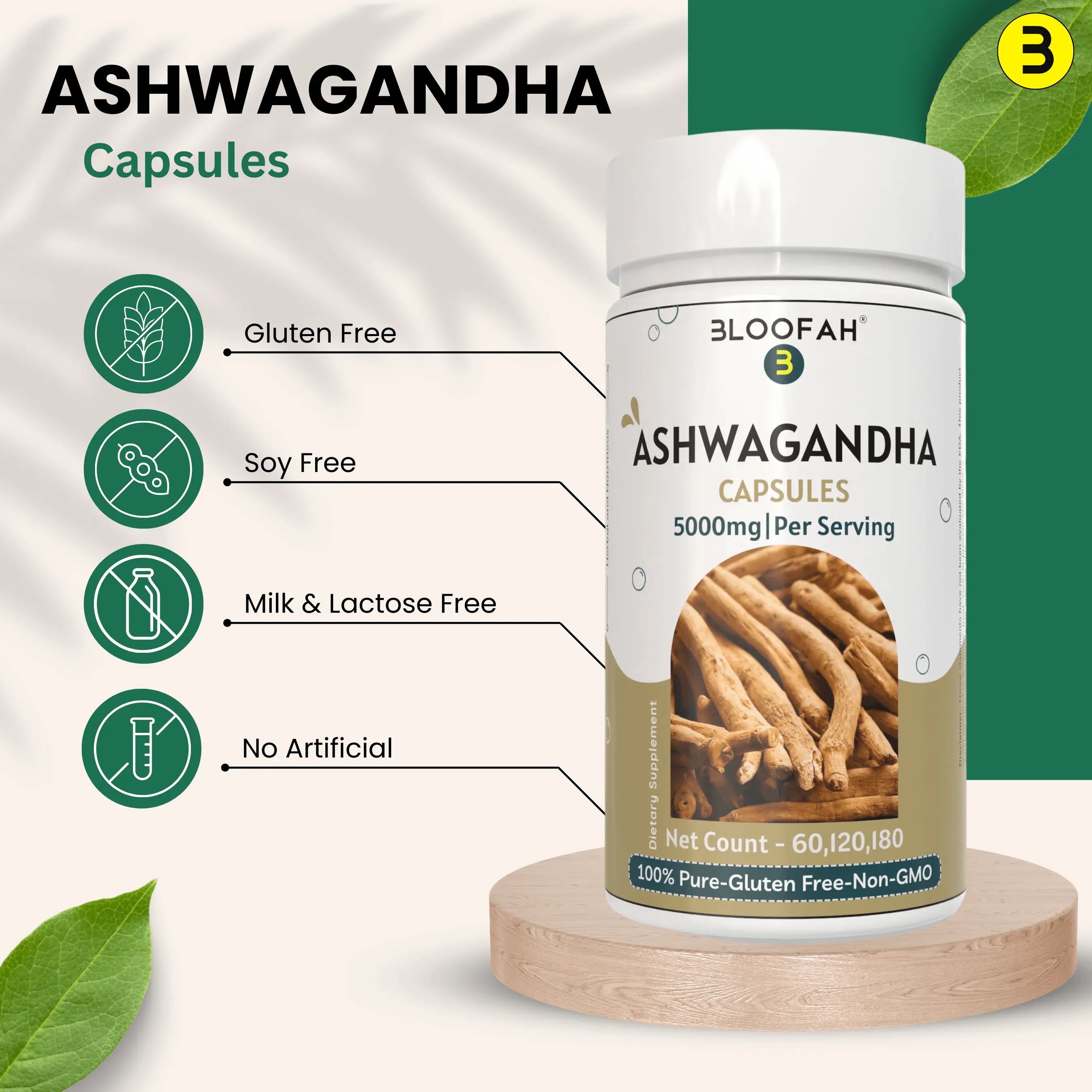 Bloofah Ashwagandha Capsules 5000mg - (Withania somnifera) 10:1 Extract Powder, 100% Natural & Pure, Non-GMO, Gluten-Free, Extra Strength Herbal Suppleemnt for Men & Women - Bloofah