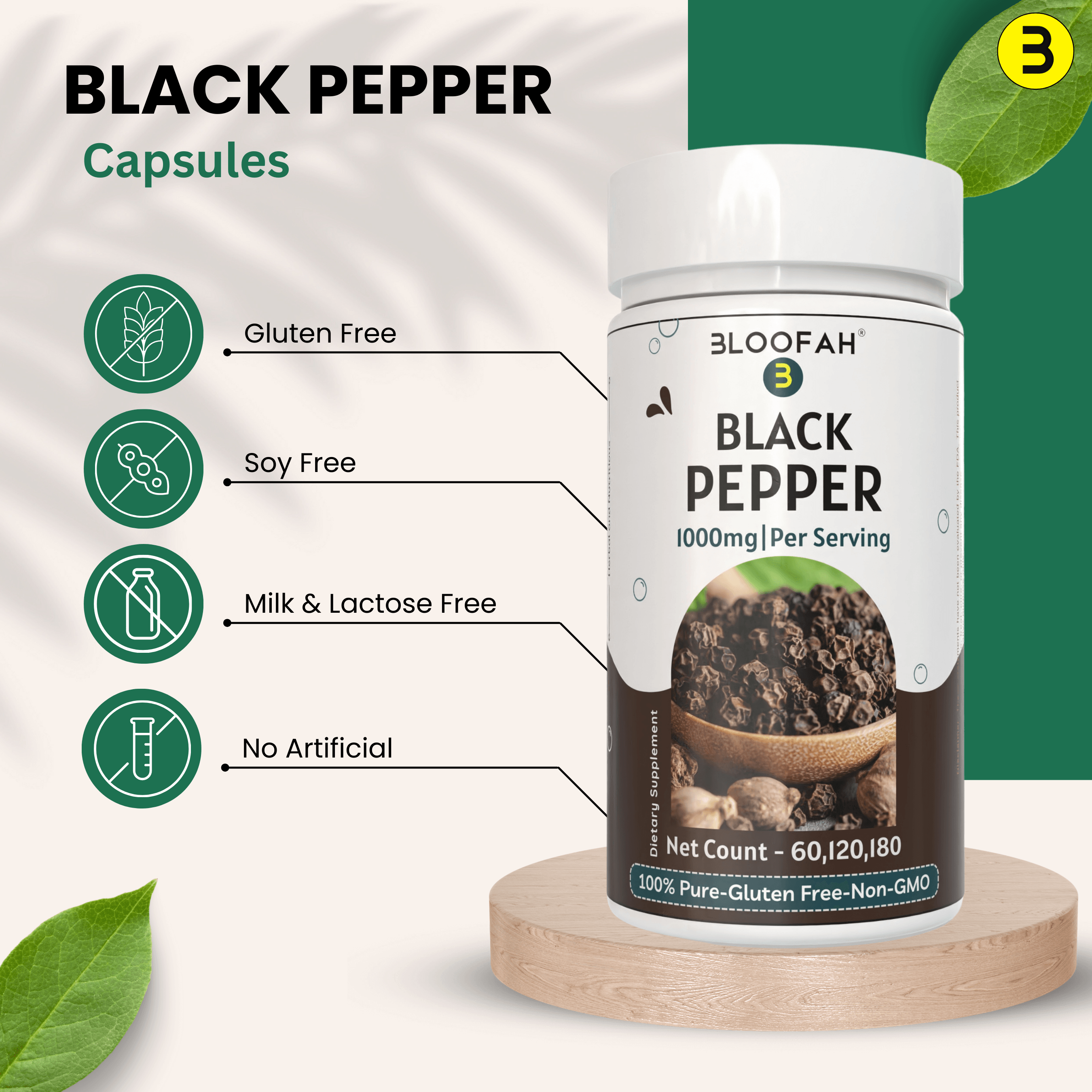 Bloofah Black Pepper Capsules 1000mg | Natural Bioperine (Piper nigrum) Seed Powder | 100% Pure, Non-GMO, Gluten Free Formula | Herbal Supplement - Bloofah