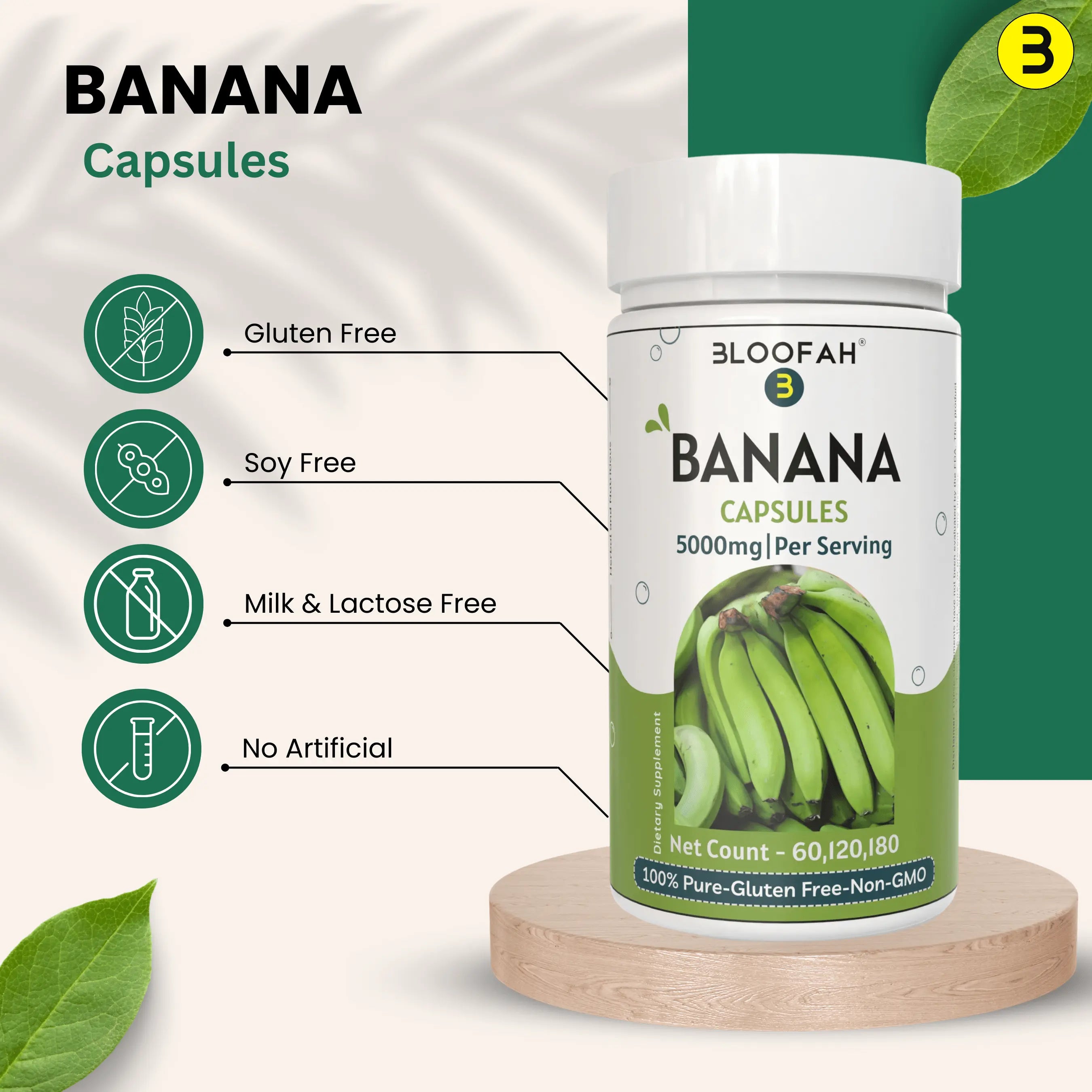 Bloofah Banana Capsules 500mg | 100% Pure Dried Banana Fruit Extract (Musa sp.) Powder Per Serving 5000mg | Gluten Free Natural Herbal Supplement Rich in Potassium - Bloofah