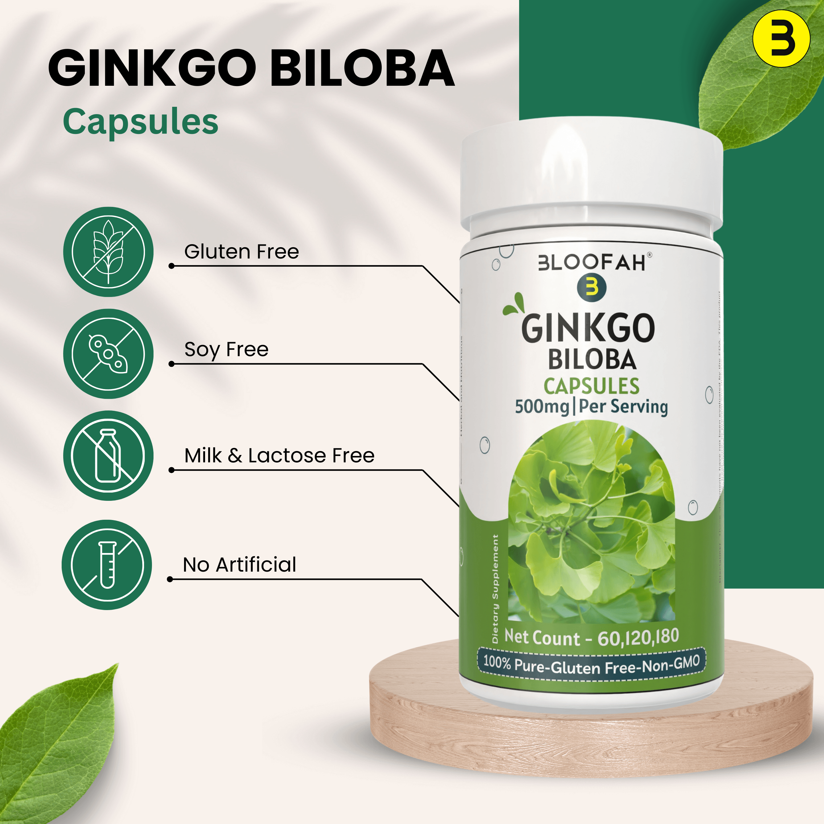 Bloofah Ginkgo Biloba Leaf Capsules 2300mg | 100% Pure Ginkgo Biloba Leaf Extract 10:1 & Powder | Non-GMO, Gluten Free Formula Health Supplement for Overall Wellbeing - Bloofah