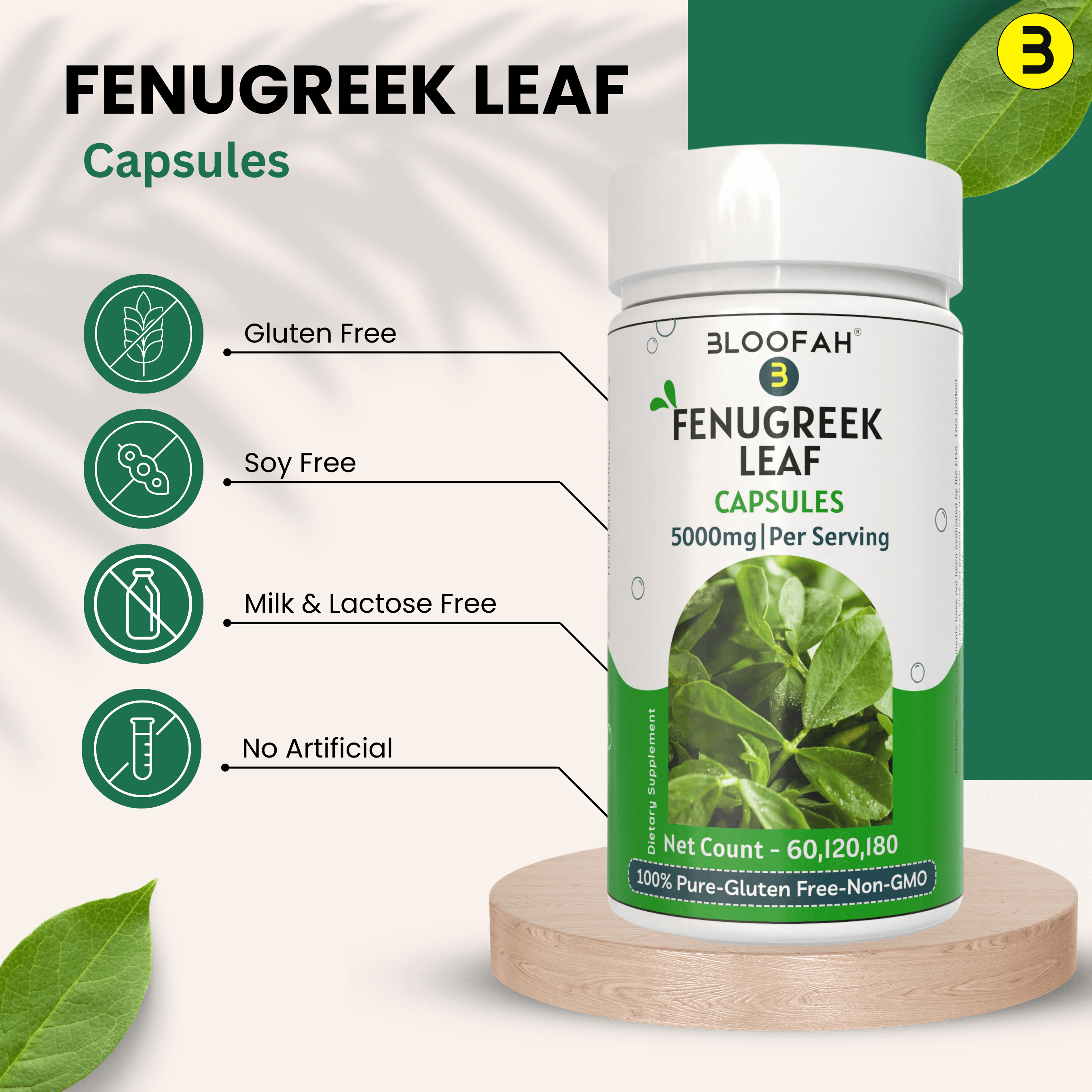 Bloofah Fenugreek Leaf Extract Capsules 500mg | 100% Pure Fenugreek Leaf Powder (Trigonella foenum-graecum) for Overall Good Health | Extra Strength 5000mg Per Serving - Bloofah