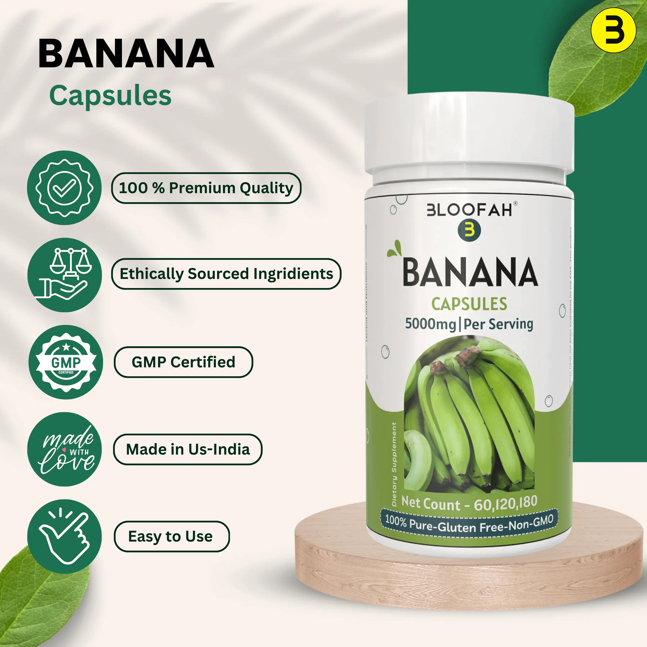 Bloofah Banana Capsules 500mg | 100% Pure Dried Banana Fruit Extract (Musa sp.) Powder Per Serving 5000mg | Gluten Free Natural Herbal Supplement Rich in Potassium - Bloofah