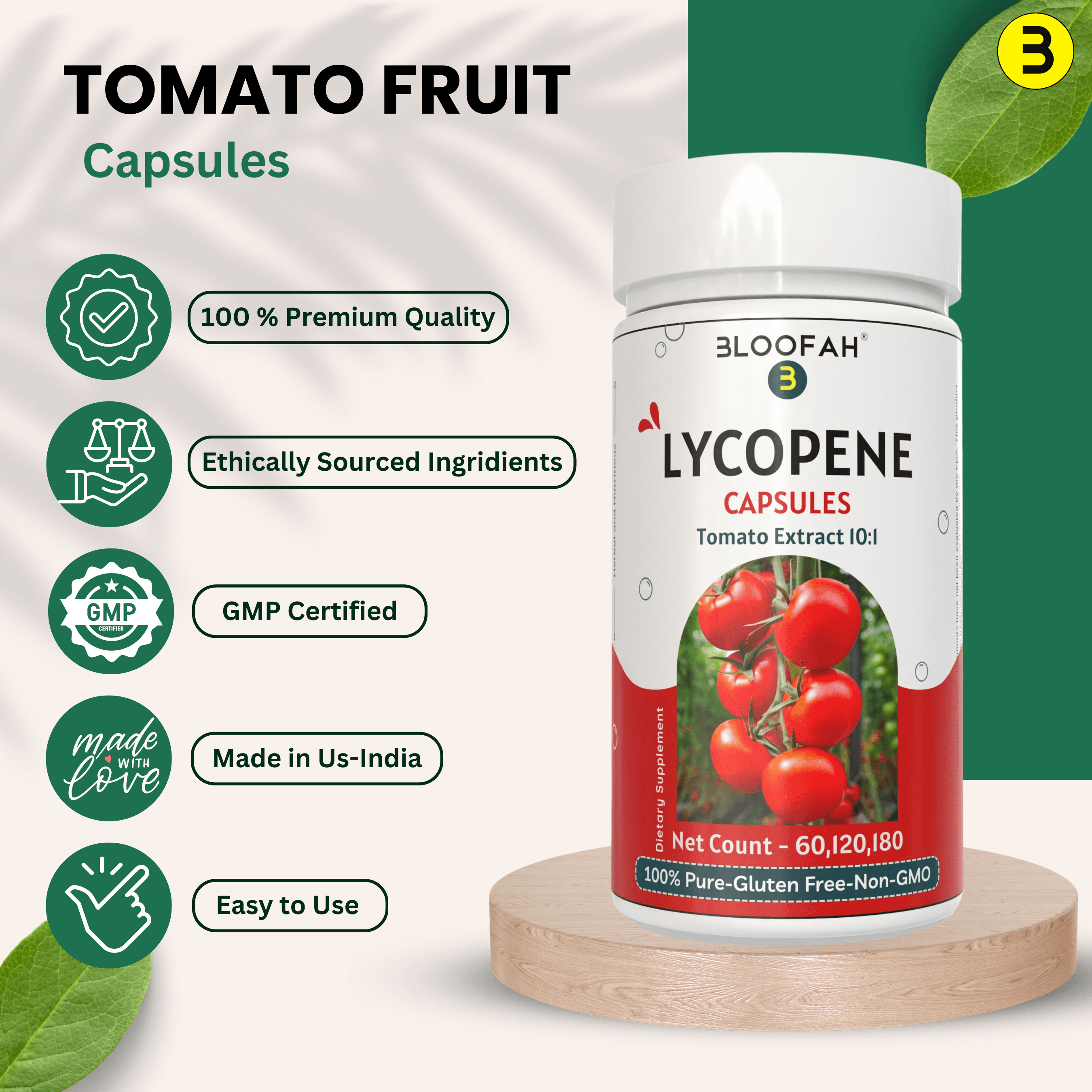 Bloofah Lycopene Tomato Fruit Extract Capsules 500mg | 10:1 Powder Per Serving 5000mg | Rich in Natural Lycopene | Premium Herbal Supplement for Vitality & Wellness | Non-GMO, Gluten-Free - Bloofah