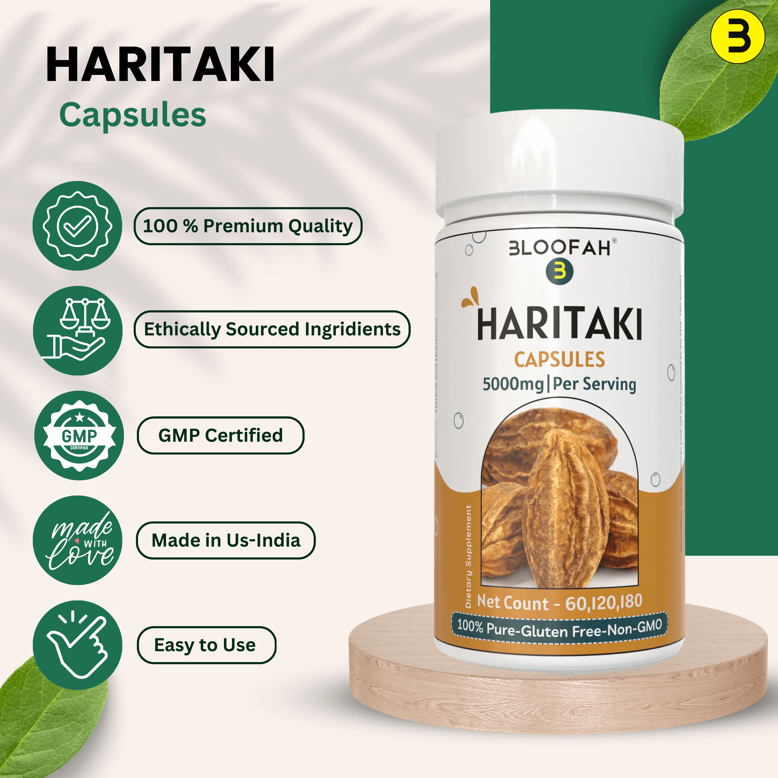 Bloofah Haritaki Capsules 5000mg | Natural Digestive Health Supplement | 100% Pure Haritaki (Terminalia chebula) Fruit Extract 10:1 Powder | Non-GMO, Gluten Free Formula Herbal Supplement - Bloofah