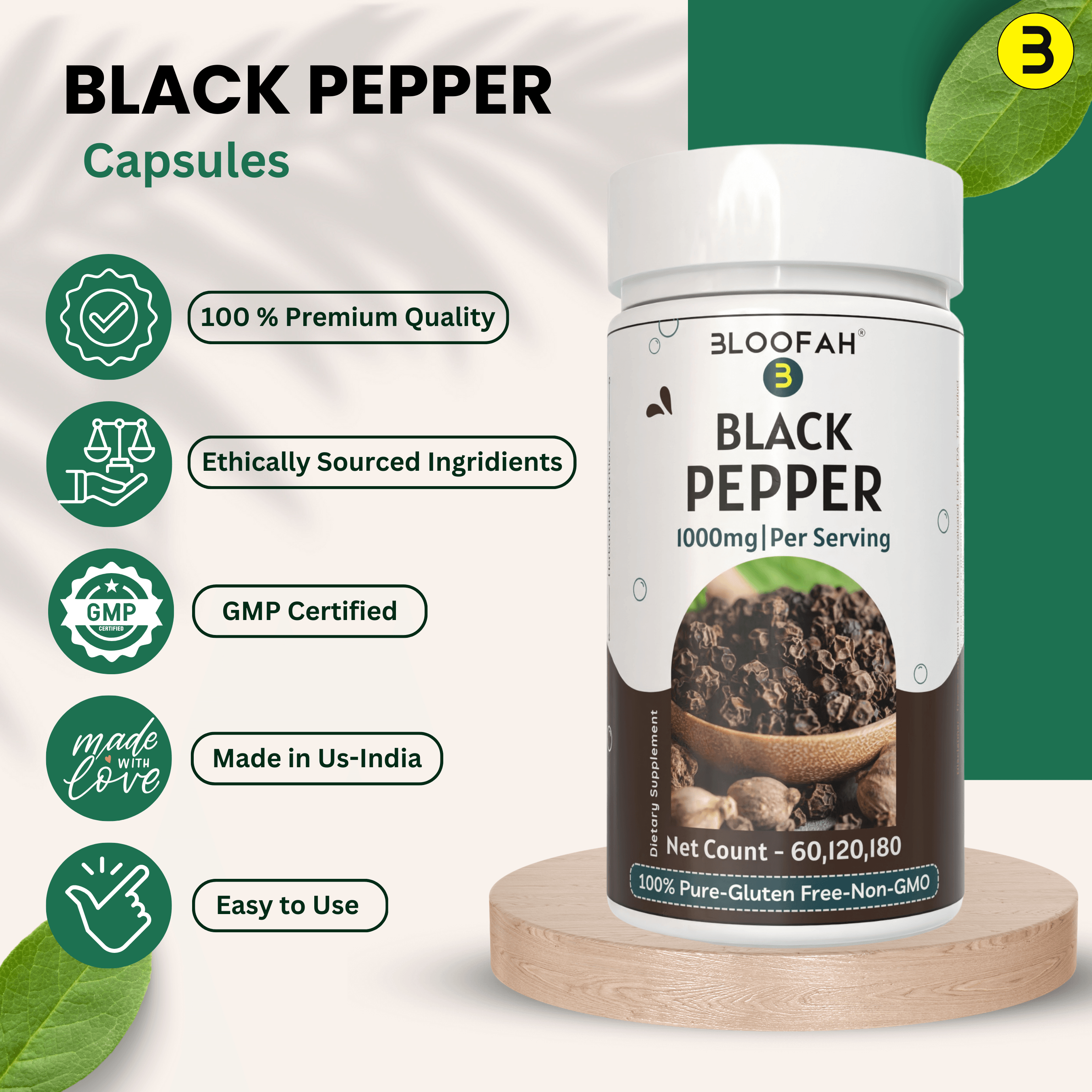 Bloofah Black Pepper Capsules 1000mg | Natural Bioperine (Piper nigrum) Seed Powder | 100% Pure, Non-GMO, Gluten Free Formula | Herbal Supplement - Bloofah