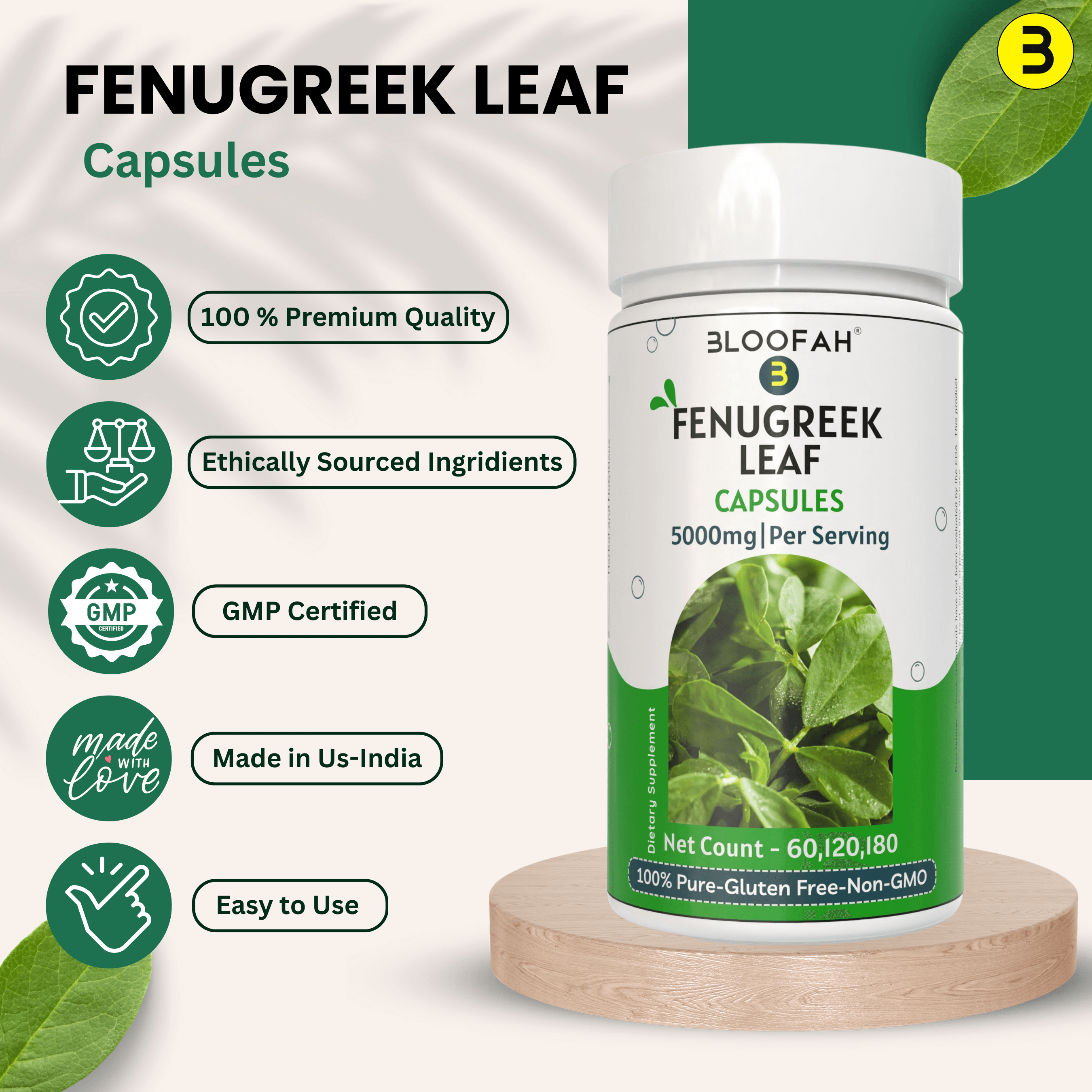 Bloofah Fenugreek Leaf Extract Capsules 500mg | 100% Pure Fenugreek Leaf Powder (Trigonella foenum-graecum) for Overall Good Health | Extra Strength 5000mg Per Serving - Bloofah