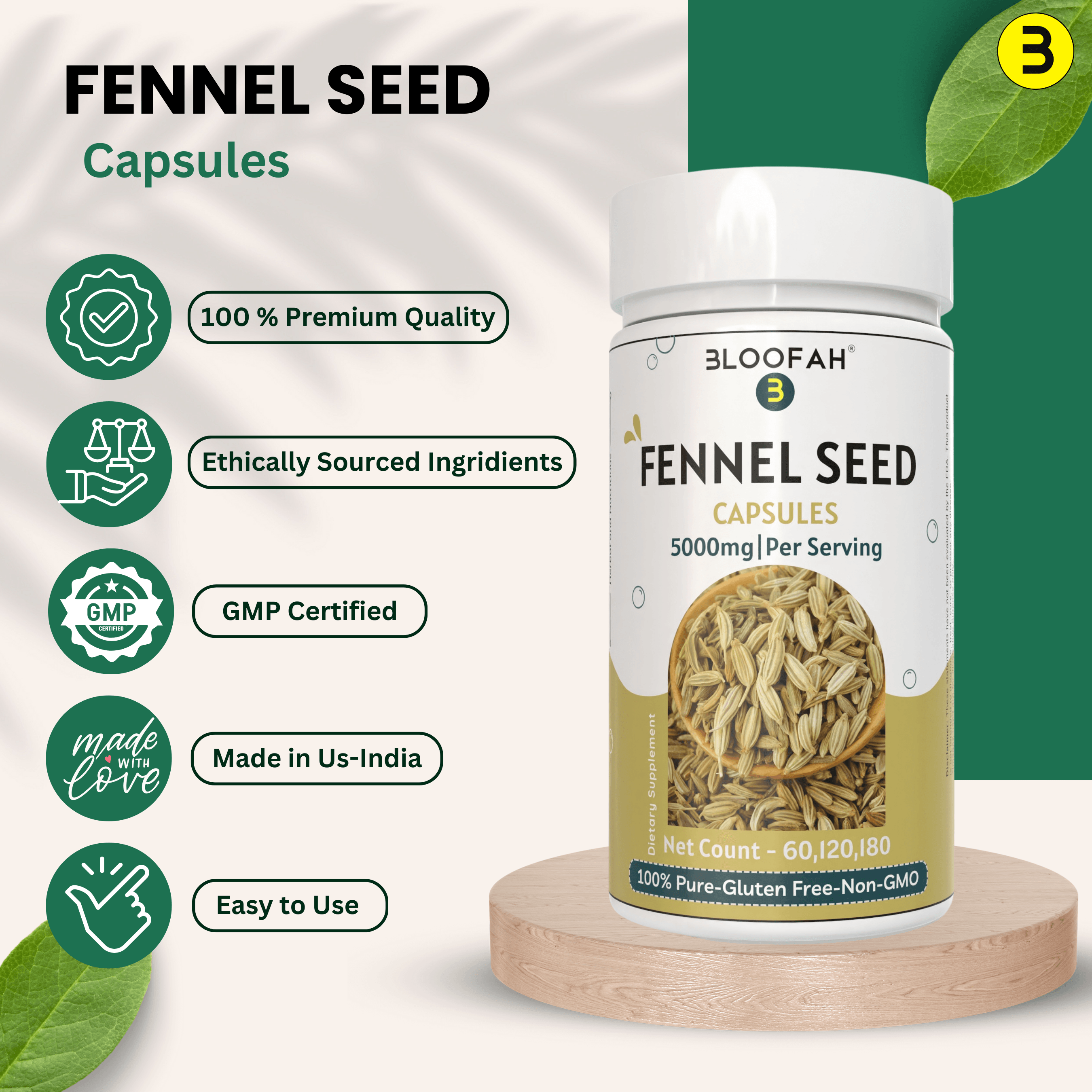 Bloofah Fennel Seed Capsules 5000mg | 100% Pure Fennel Seed Extract 10:1 (Foeniculum vulgare) Powder | Non-GMO, Gluten Free Formula for Overall Health Supplement - Bloofah