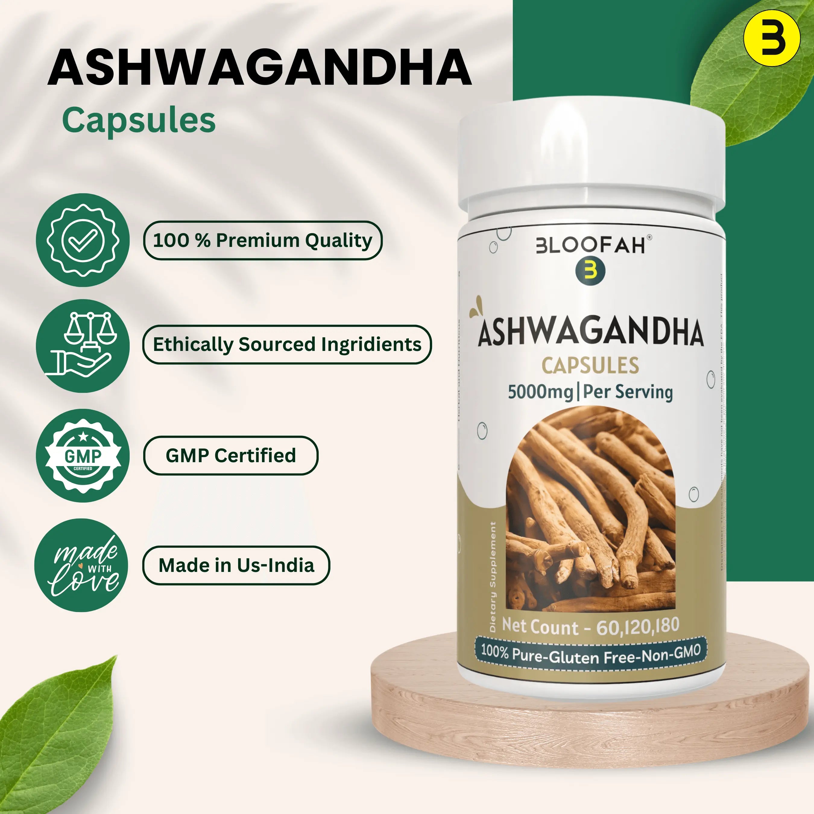 Bloofah Ashwagandha Capsules 5000mg - (Withania somnifera) 10:1 Extract Powder, 100% Natural & Pure, Non-GMO, Gluten-Free, Extra Strength Herbal Suppleemnt for Men & Women - Bloofah