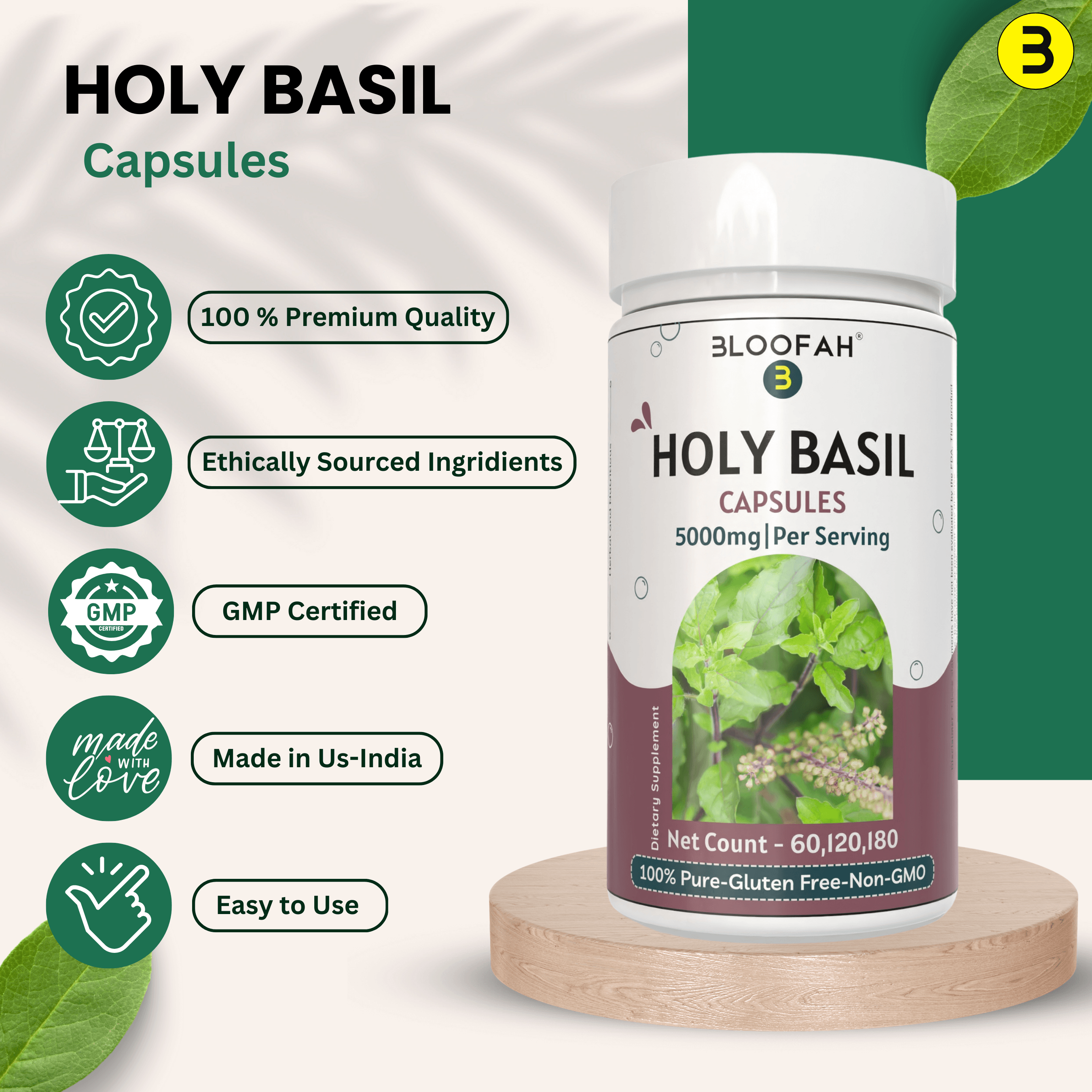 Bloofah Holy Basil Leaf Capsules 5000mg - | Tulsi (Ocimum tenuiflorum) Extract 10:1 Leaf Powder | 100% Pure Natural Herbal Supplement | Non-GMO, Gluten Free Formula - Bloofah