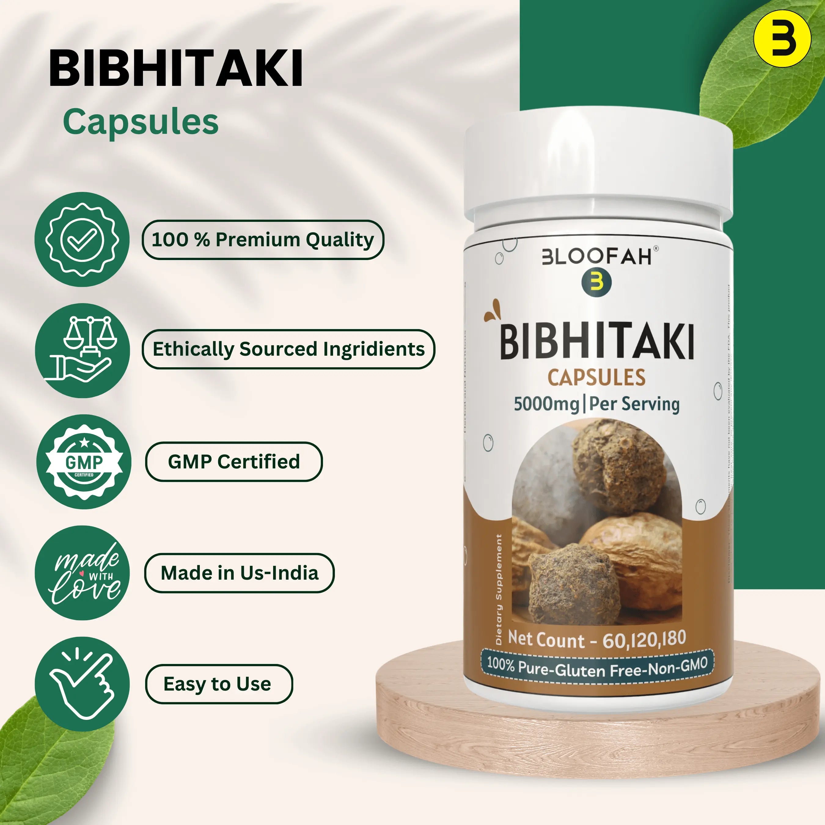 Bloofah Bibhitaki Capsules 500mg | 100% Natural Bibhitaki (Terminalia bellirica) Fruit Powder Extract 10:1 Per Serving 5000mg | Gluten Free & Non-GMO Formula for Overall Health Wellness - Bloofah