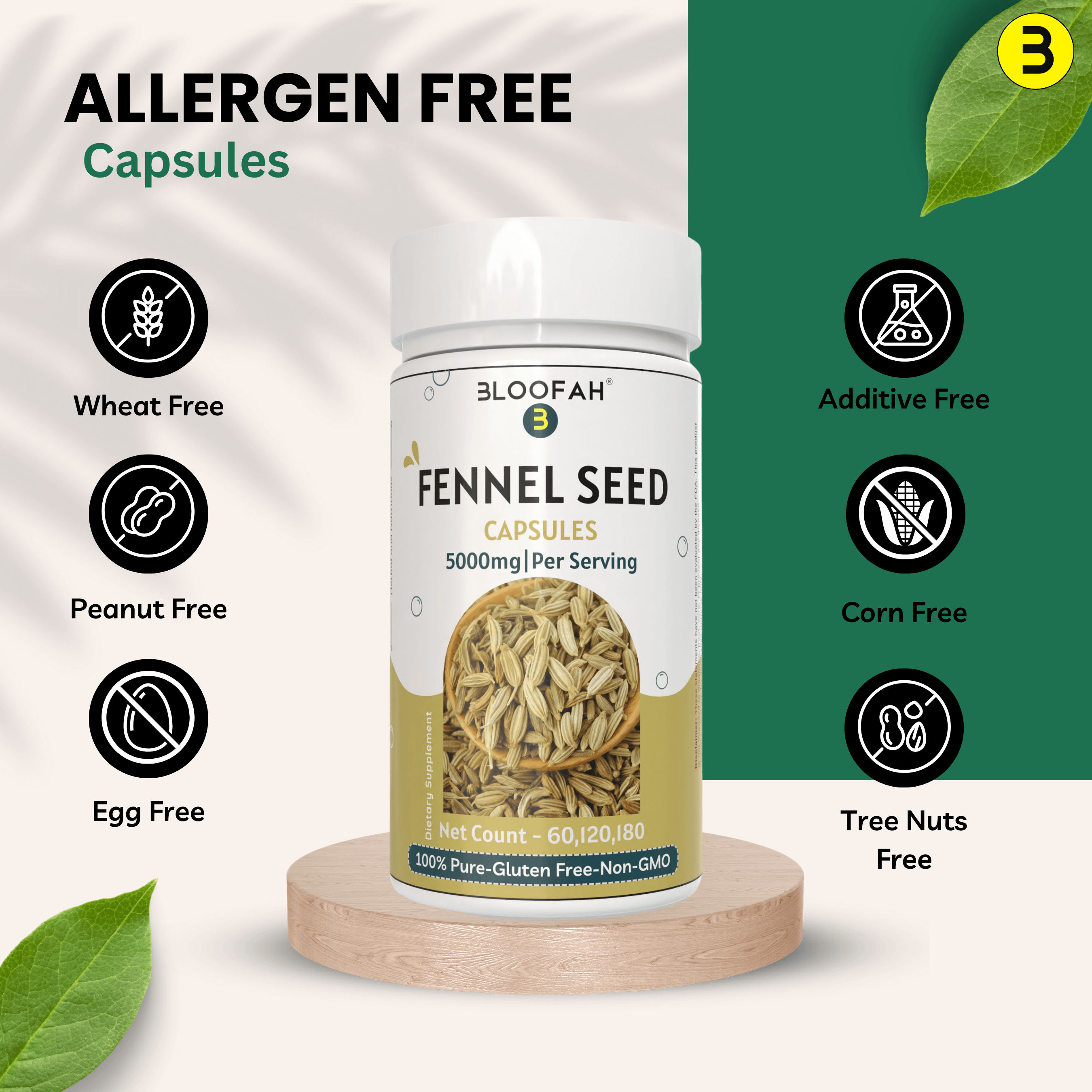 Bloofah Fennel Seed Capsules 5000mg | 100% Pure Fennel Seed Extract 10:1 (Foeniculum vulgare) Powder | Non-GMO, Gluten Free Formula for Overall Health Supplement - Bloofah