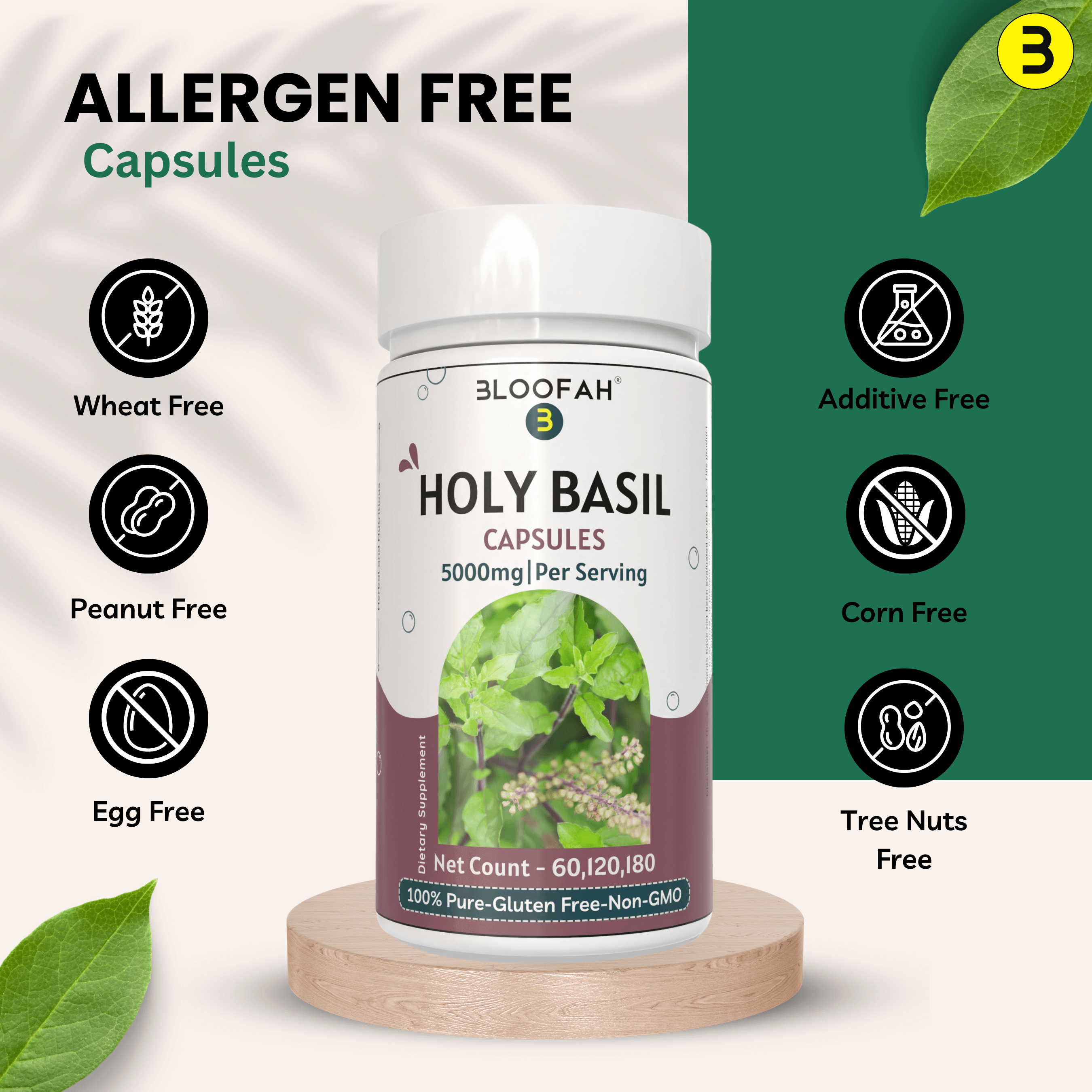 Bloofah Holy Basil Leaf Capsules 5000mg - | Tulsi (Ocimum tenuiflorum) Extract 10:1 Leaf Powder | 100% Pure Natural Herbal Supplement | Non-GMO, Gluten Free Formula - Bloofah