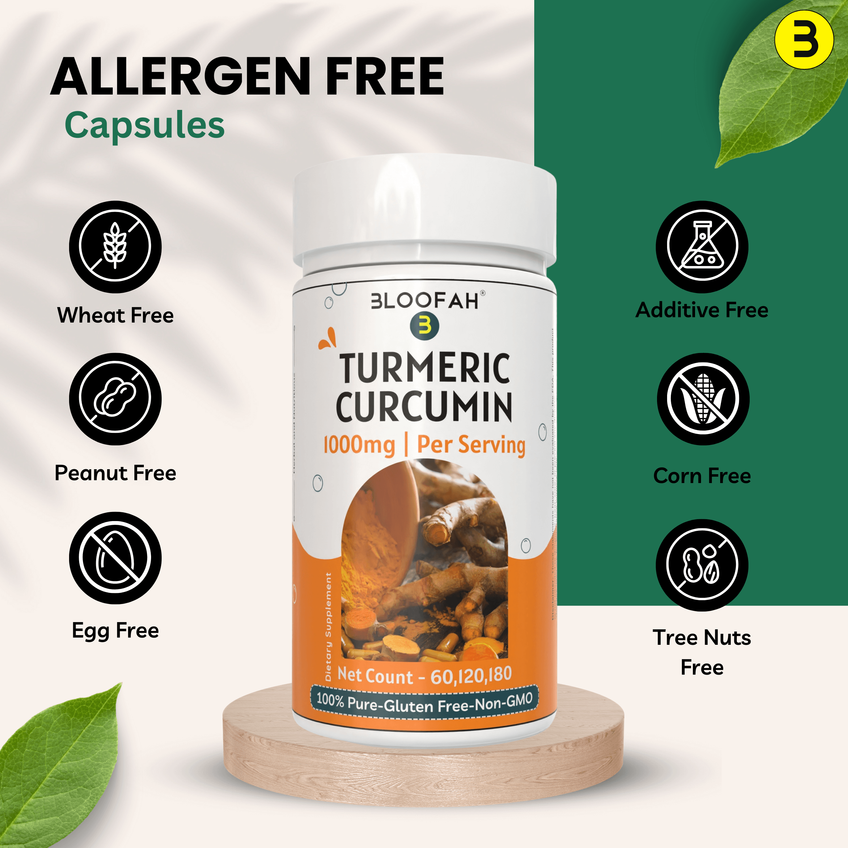 Bloofah Turmeric Curcumin Capsules 1000mg | Turmeric Powder (Cucurma Longa) Extract 10:1, Black Pepper 5% | 100% Pure, Natural, Gluten Free Formula Herbal Supplements for Overall Wellness - Non-GMO - Bloofah