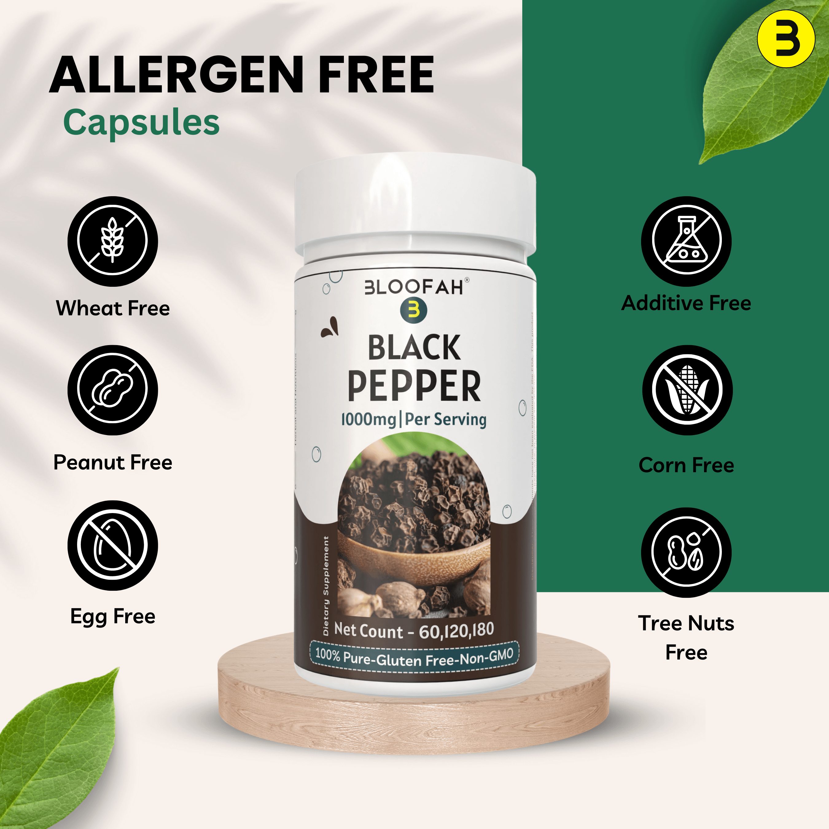 Bloofah Black Pepper Capsules 1000mg | Natural Bioperine (Piper nigrum) Seed Powder | 100% Pure, Non-GMO, Gluten Free Formula | Herbal Supplement - Bloofah