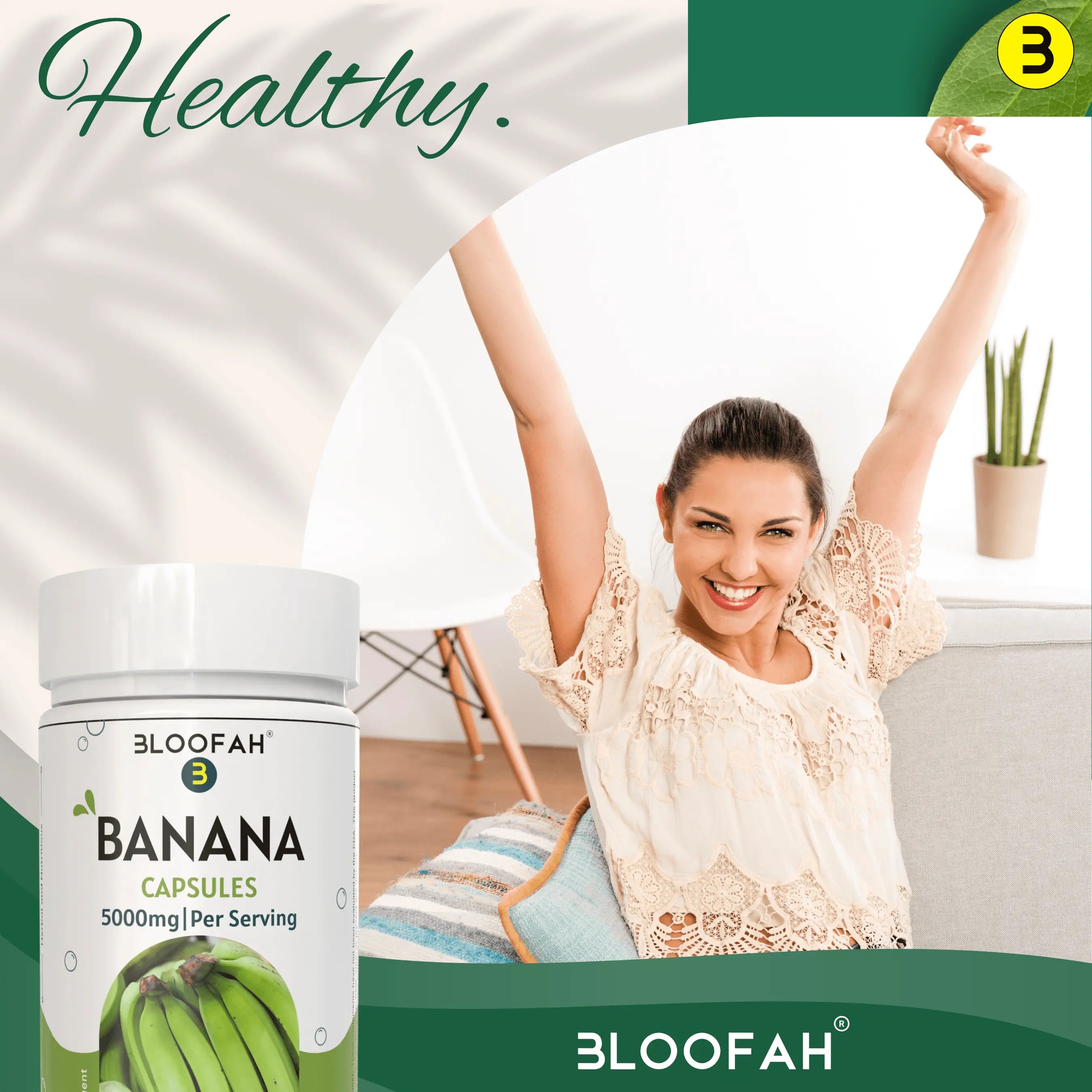 Bloofah Banana Capsules 500mg | 100% Pure Dried Banana Fruit Extract (Musa sp.) Powder Per Serving 5000mg | Gluten Free Natural Herbal Supplement Rich in Potassium - Bloofah